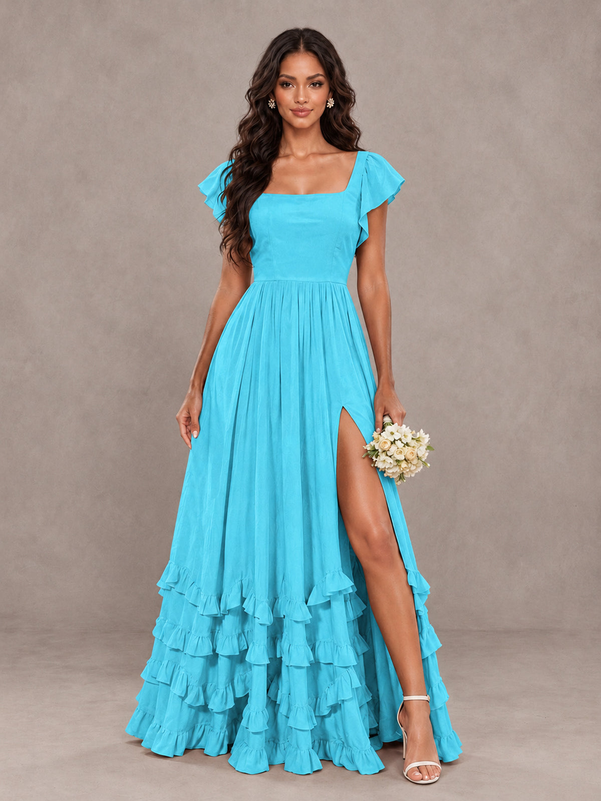 BOLODOO Pool Flutter Sleeve Ruffle Bridesmaid Dress with Slit - Pool - Pool (1)