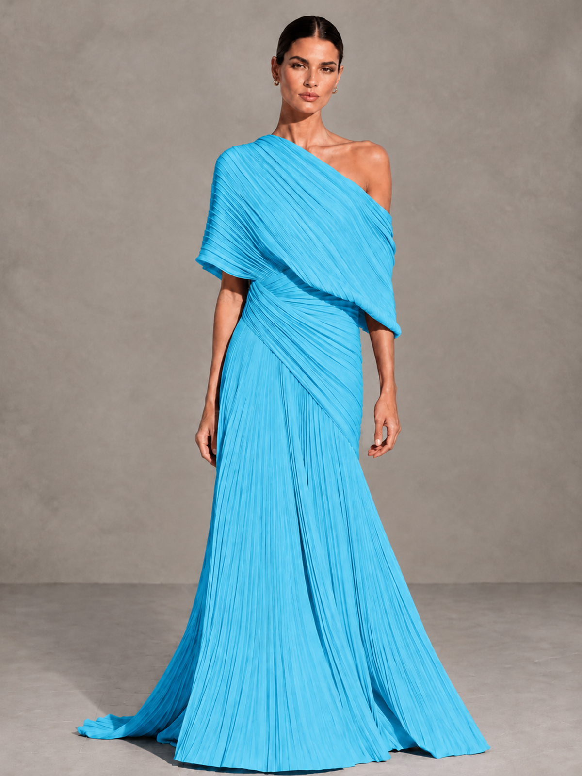 BOLODOO Pool One-Shoulder Pleated Cape Evening Gown with Train - Pool - Pool (1)