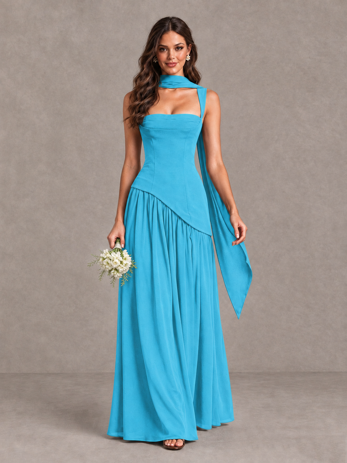 BOLODOO Pool Brown Scarf Bridesmaid Dress with Lace-Up Back - Pool - Pool (1)