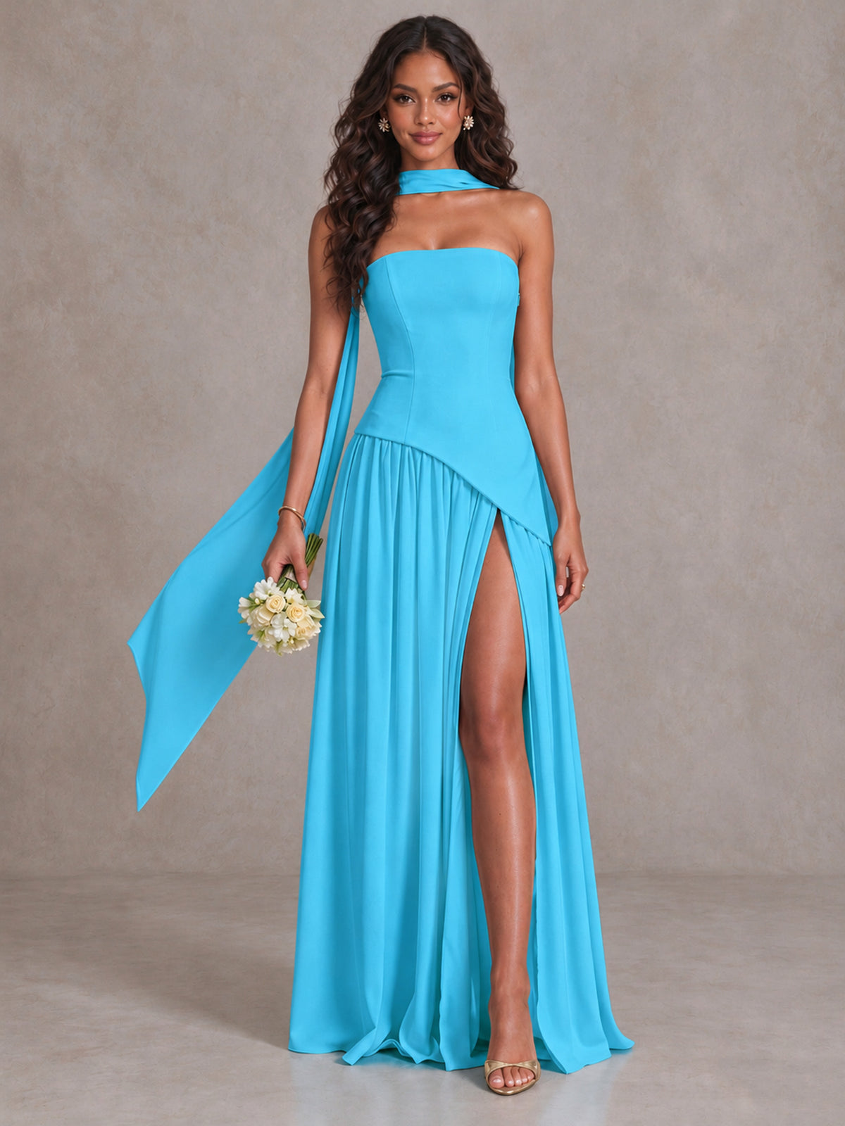 Pool Strapless Bridesmaid Dress with Scarf & High Slit - Pool - Pool (1)