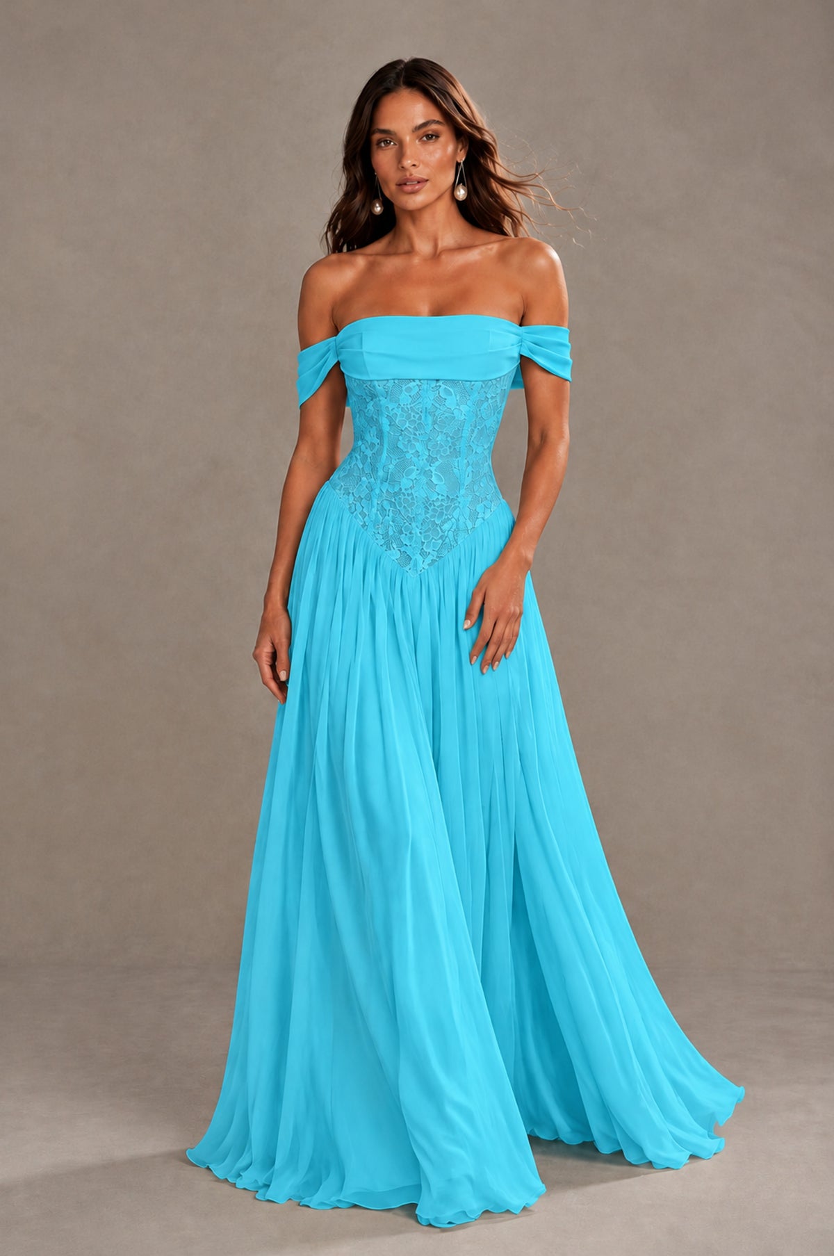 BOLODOO Pool Off-Shoulder Lace Corset Tulle Maxi Dress - Pool - Pool (1)