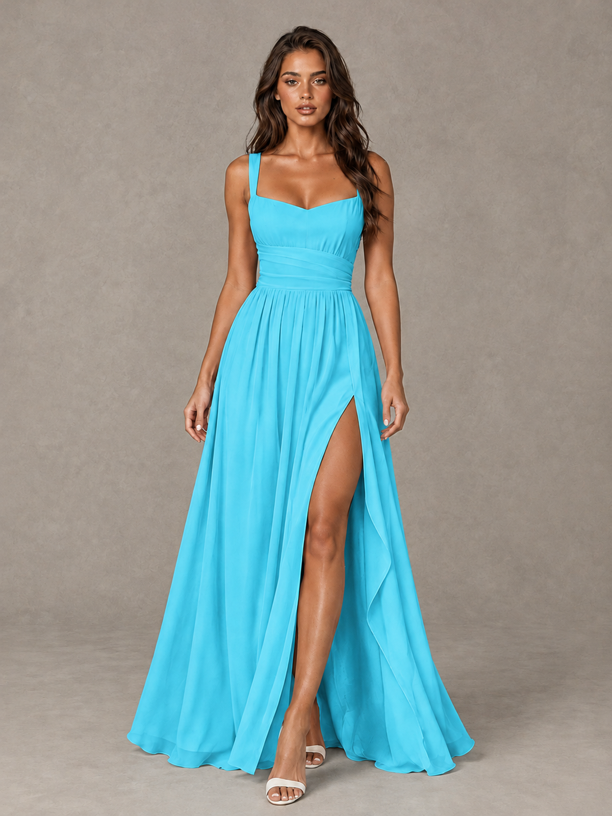 BOLODOO Pool A-Line Bridesmaid Dress with High Slit & Lace-Up Back - Pool - Pool (1)