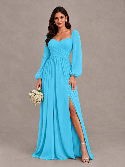 BOLODOO Pool Long Sleeve Chiffon Bridesmaid Dress with Slit - Pool - Pool (1)