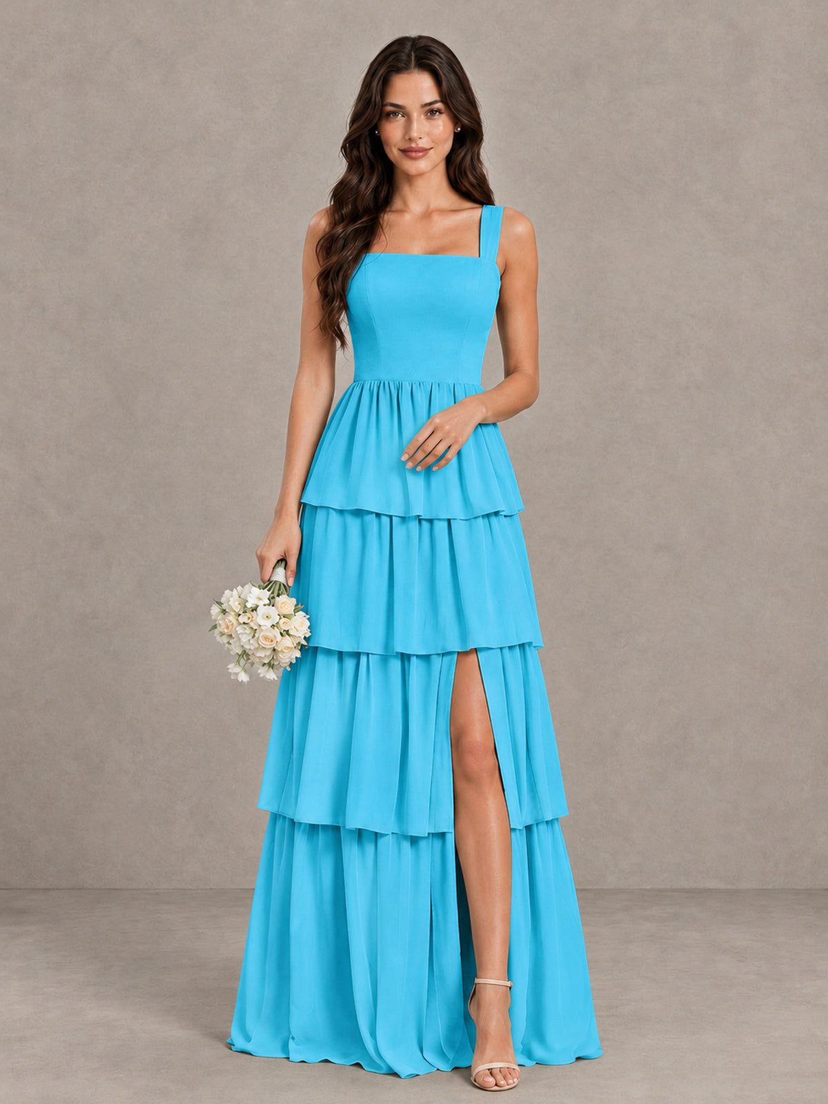 BOLODOO Pool Square Neck Tiered Bridesmaid Dress with Slit - Pool - Pool (1)