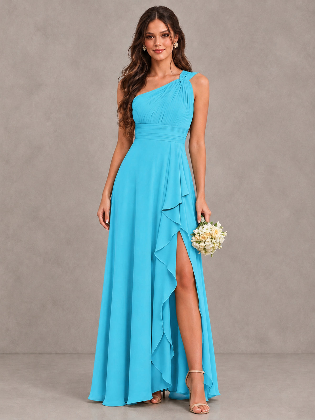BOLODOO Pool One-Shoulder Ruffle Bridesmaid Dress with Slit - Pool - Pool (1)