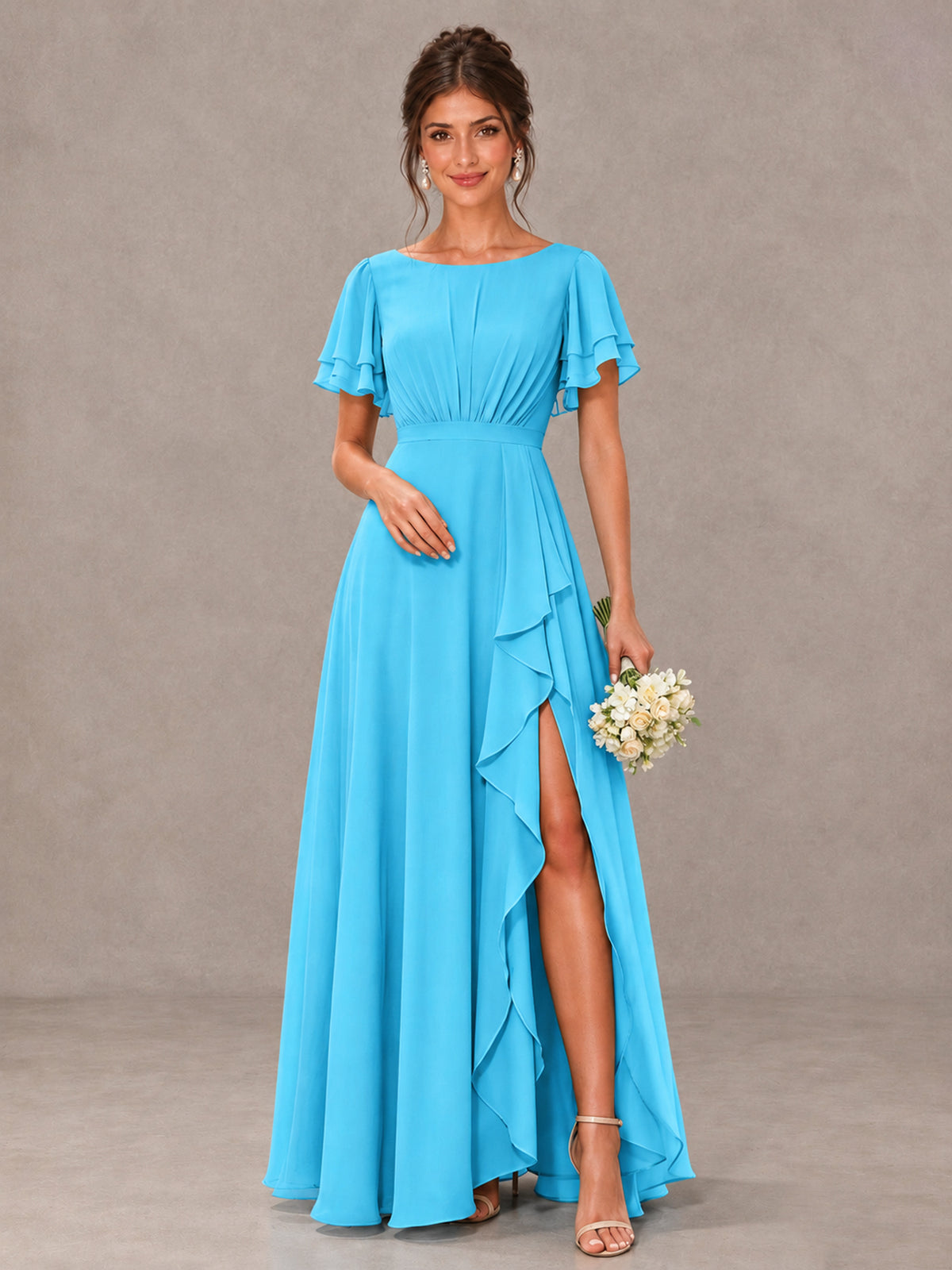 BOLODOO Pool Flutter Sleeve Ruffle Bridesmaid Dress with Slit - Pool - Pool (1)