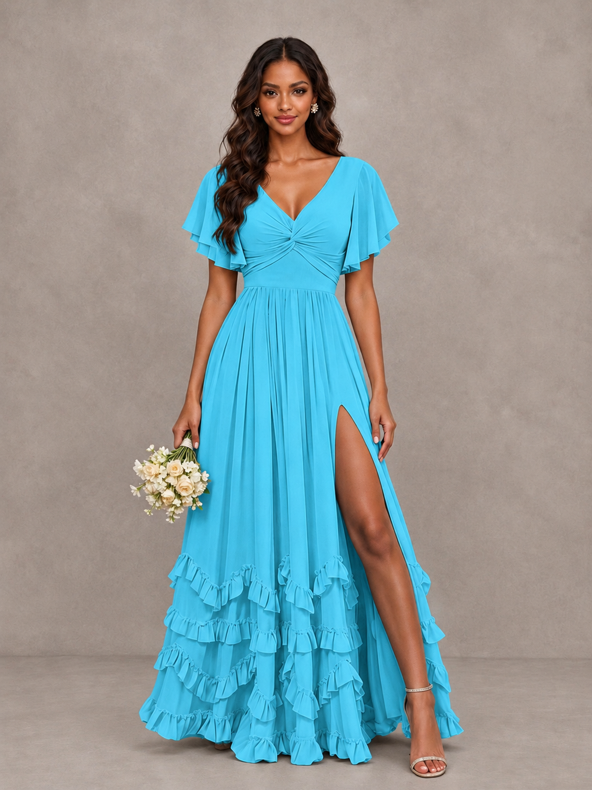 BOLODOO Pool V-Neck Flutter Sleeve Ruffle Bridesmaid Dress with Slit - Pool - Pool (1)