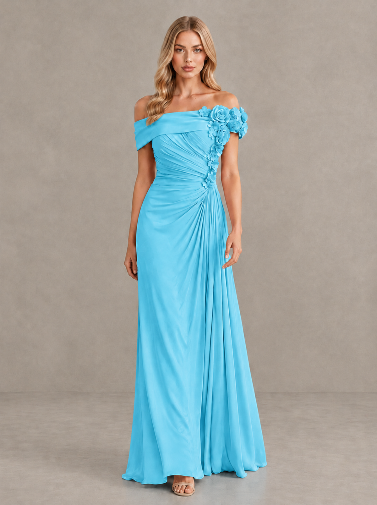 BOLODOO Pool Off-Shoulder Floral Applique Wedding Guest Maxi Dress - Pool - Pool (1)