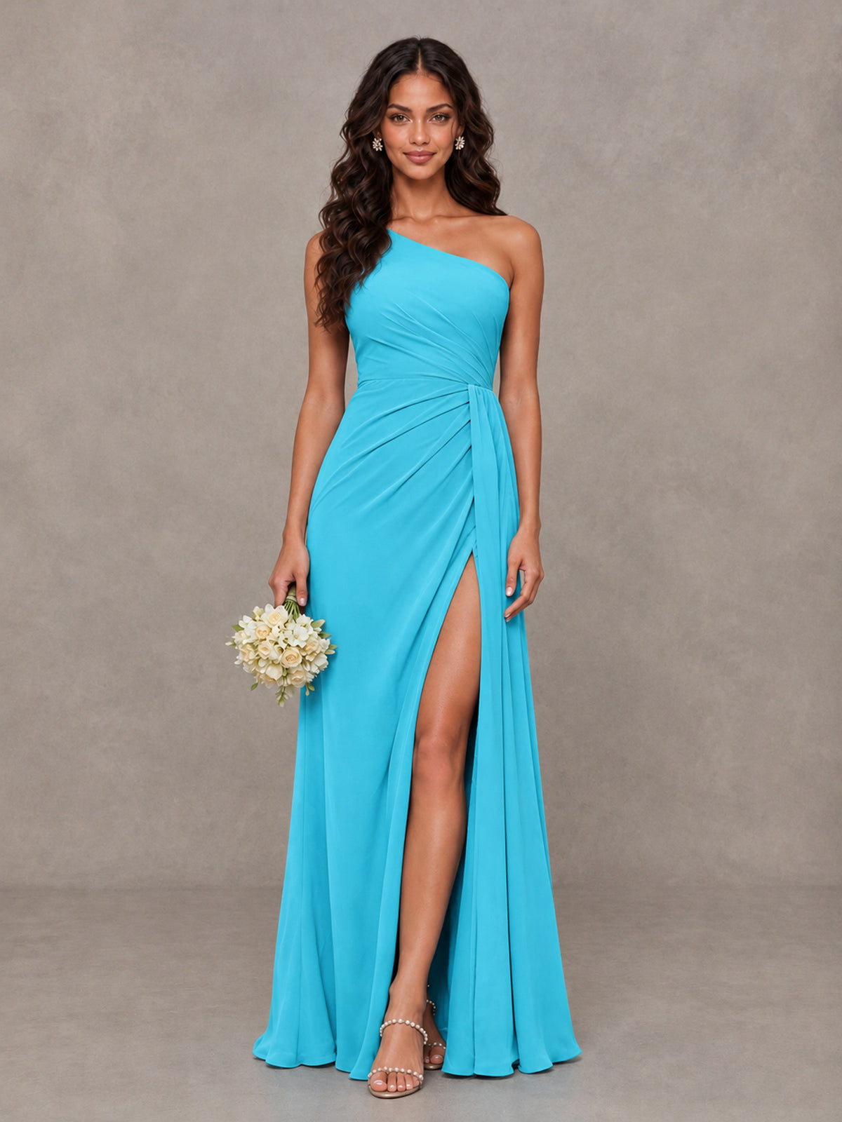 BOLODOO Pool One-Shoulder Chiffon Bridesmaid Dress with Ruched Bodice & High Slit - Pool - Pool (1)