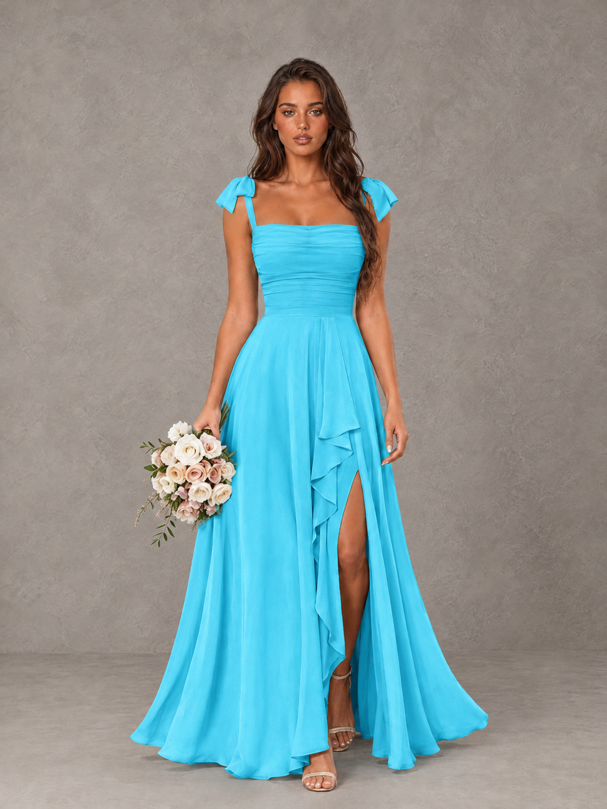 BOLODOO Pool Bow-Strap Bridesmaid Dress with Ruffle Slit - Pool - Pool (1)