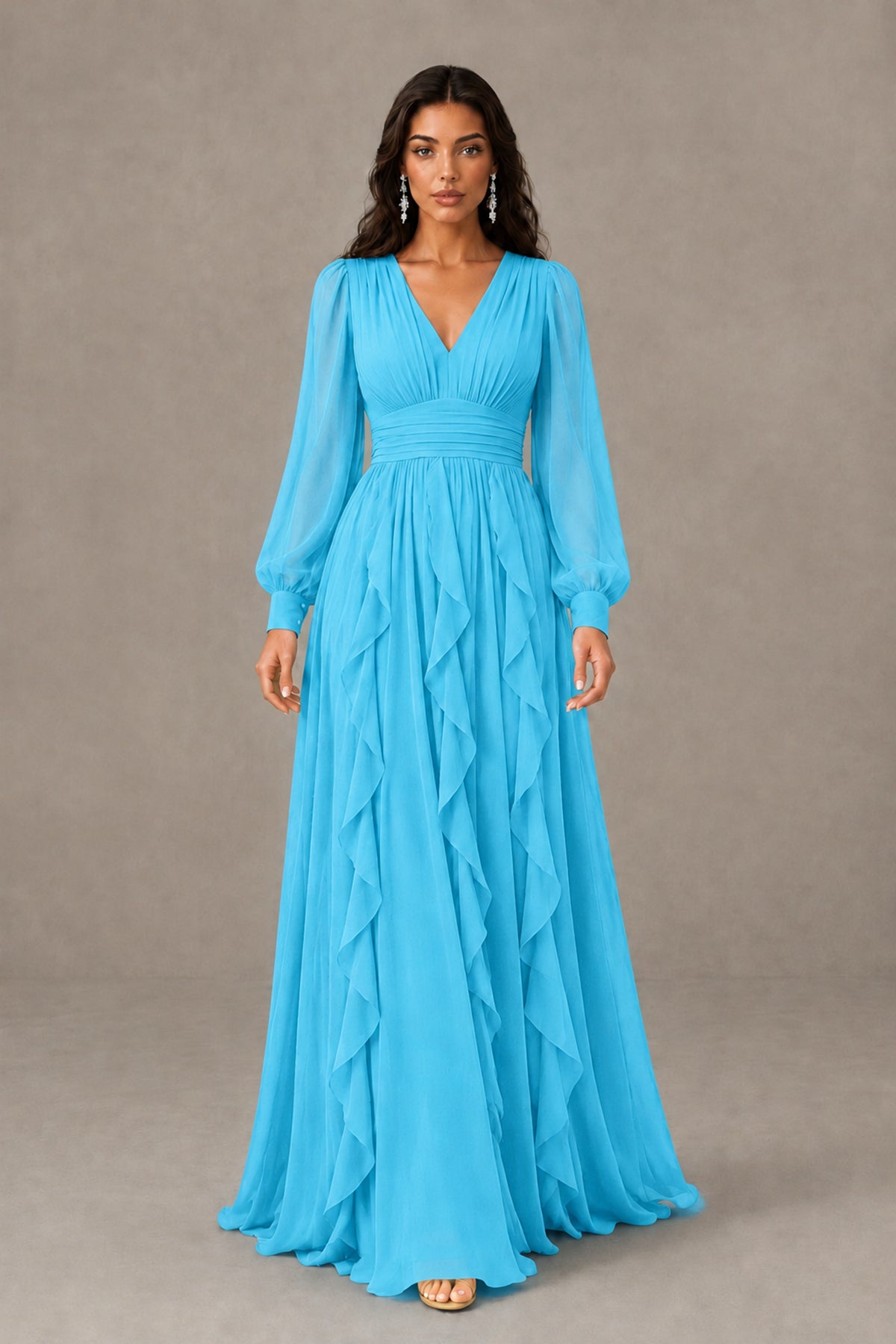 BOLODOO Pool Long Sleeve V-Neck Ruffle Maxi Dress - Pool - Pool (2)