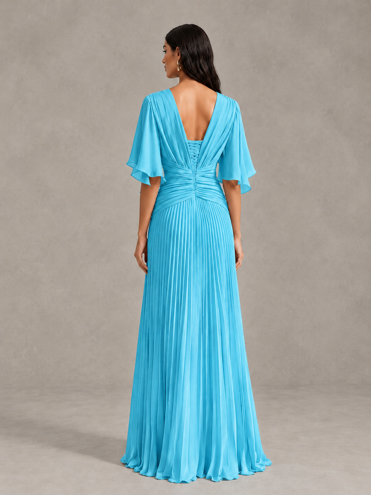BOLODOO Pool Pleated V-Neck Flutter Sleeve Bridesmaid Dress - Pool - Pool (2)