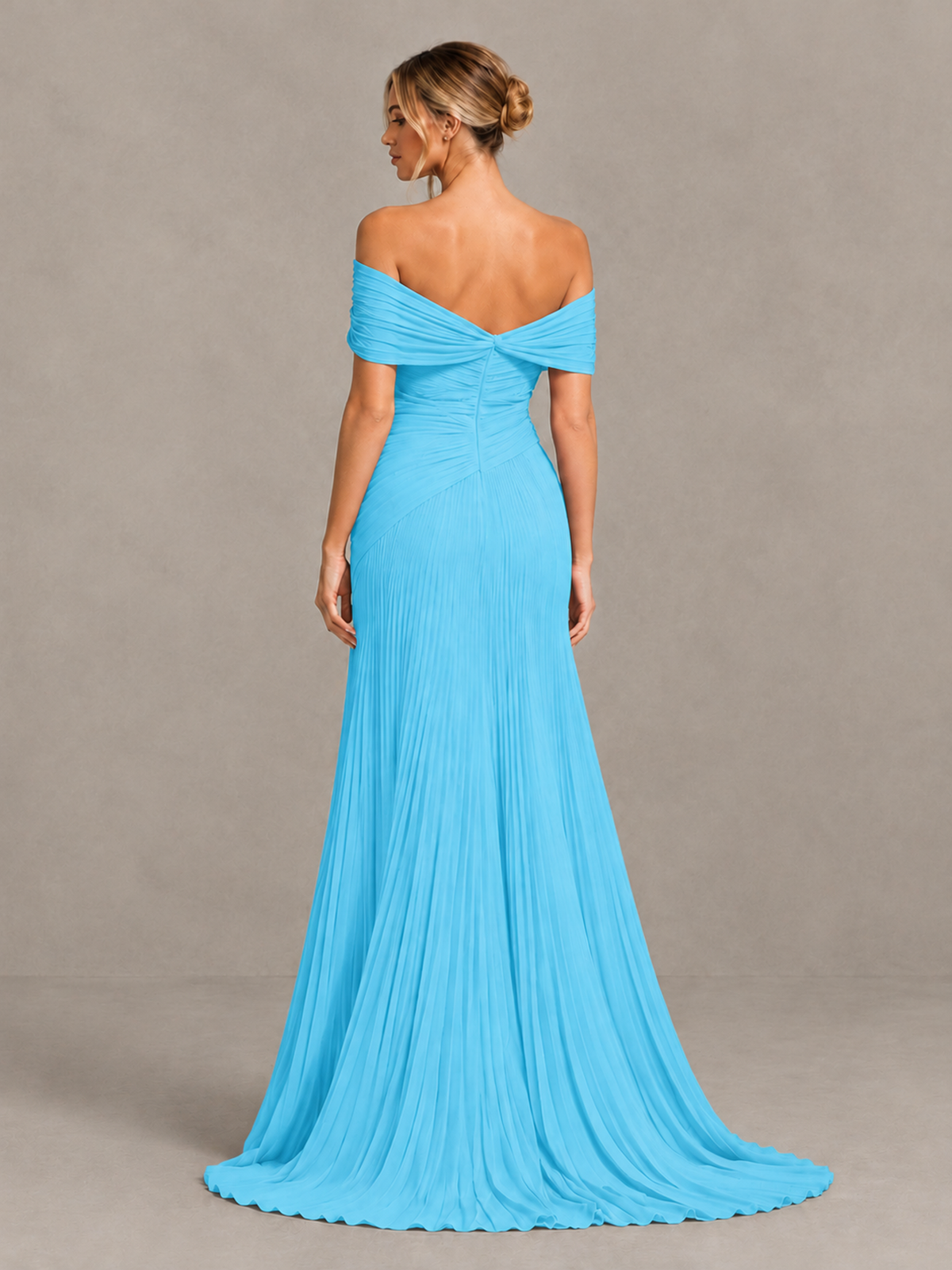 BOLODOO Pool Off-Shoulder Ruched Pleated Maxi Dress with High Slit - Pool - Pool (2)