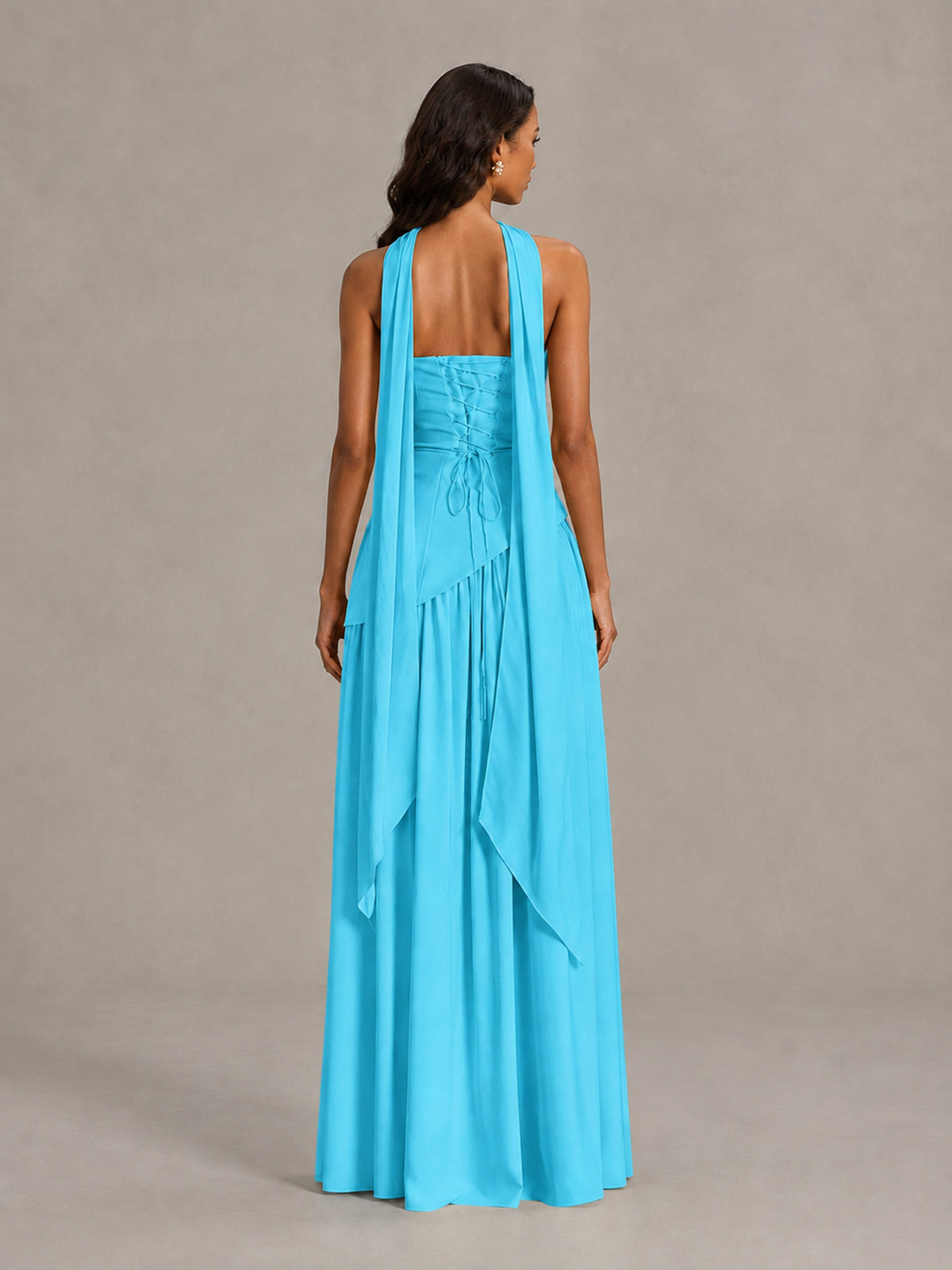 Pool Strapless Bridesmaid Dress with Scarf & High Slit - Pool - Pool (2)