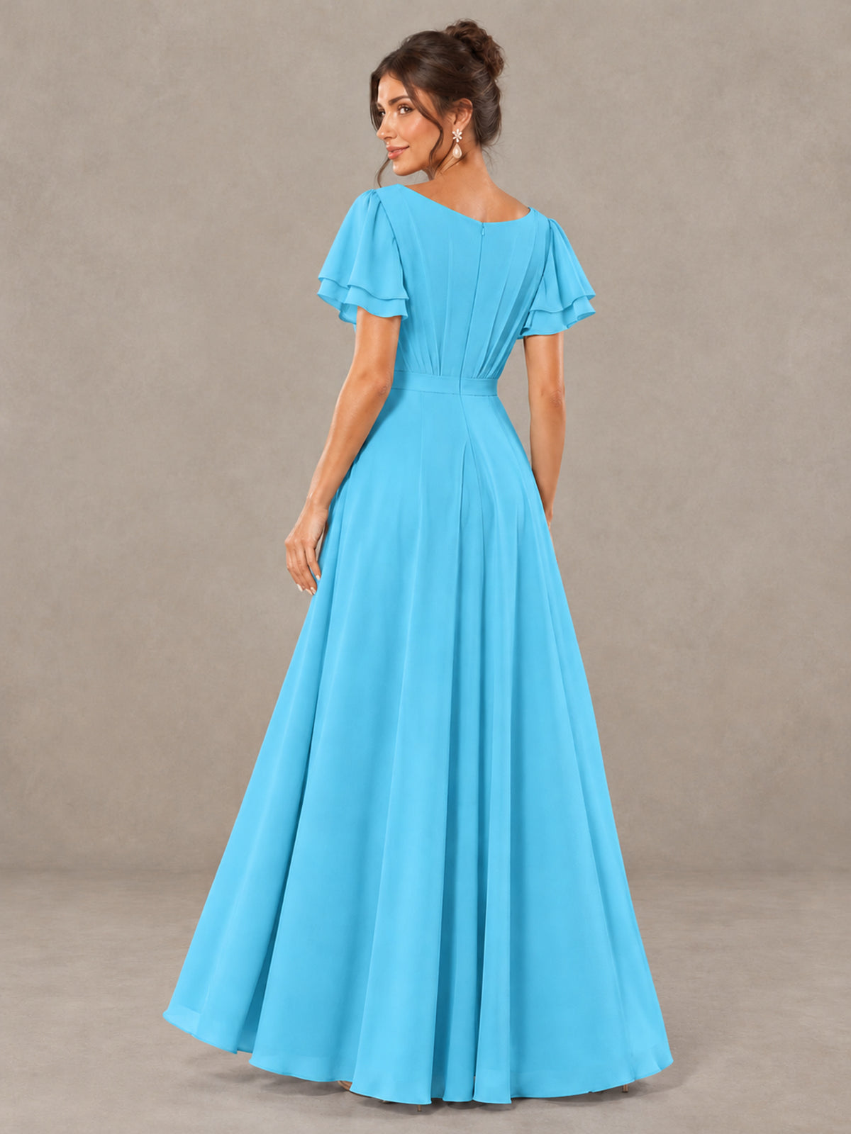 BOLODOO Pool Flutter Sleeve Ruffle Bridesmaid Dress with Slit - Pool - Pool (2)