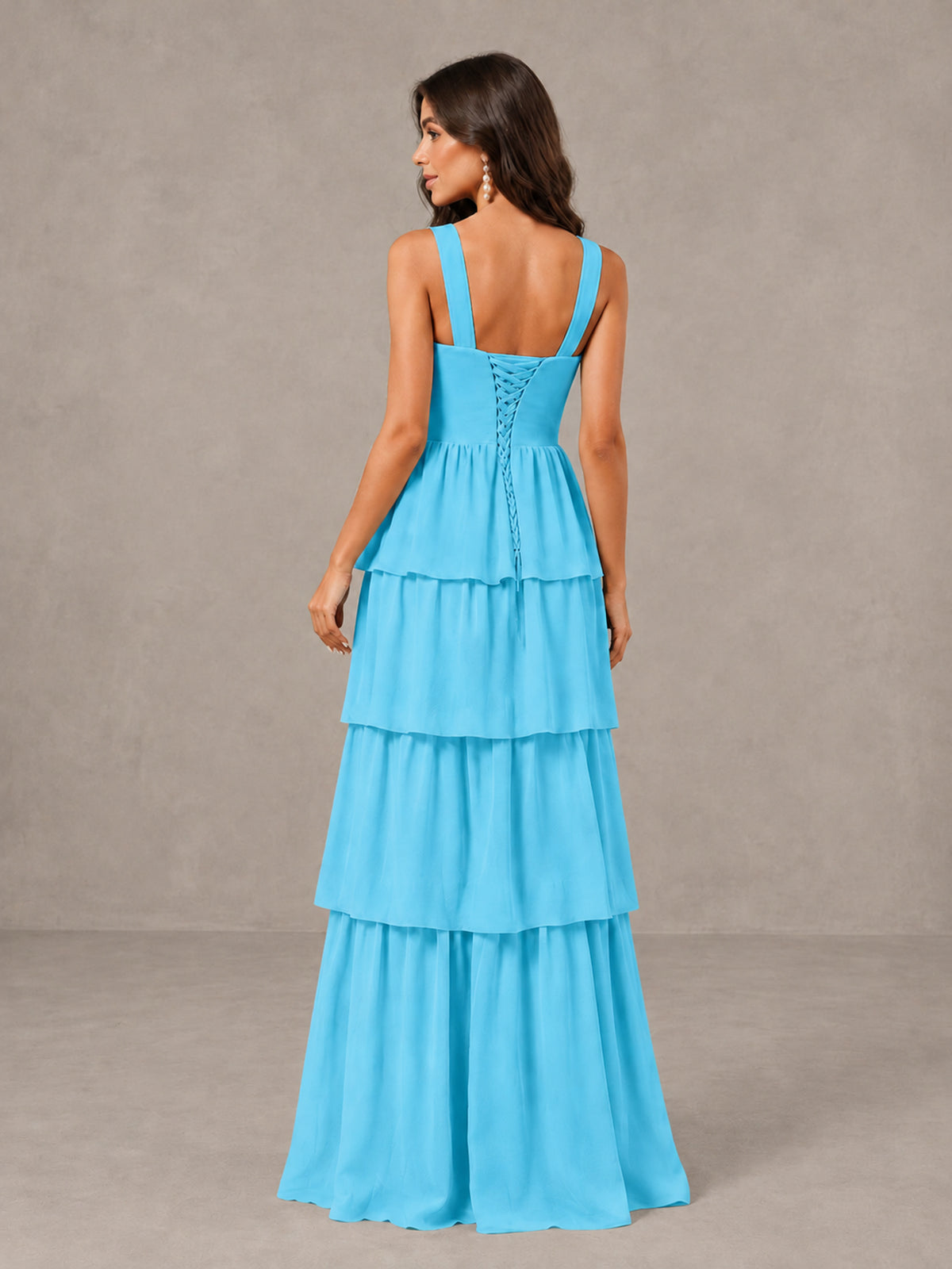 BOLODOO Pool Square Neck Tiered Bridesmaid Dress with Slit - Pool - Pool (2)