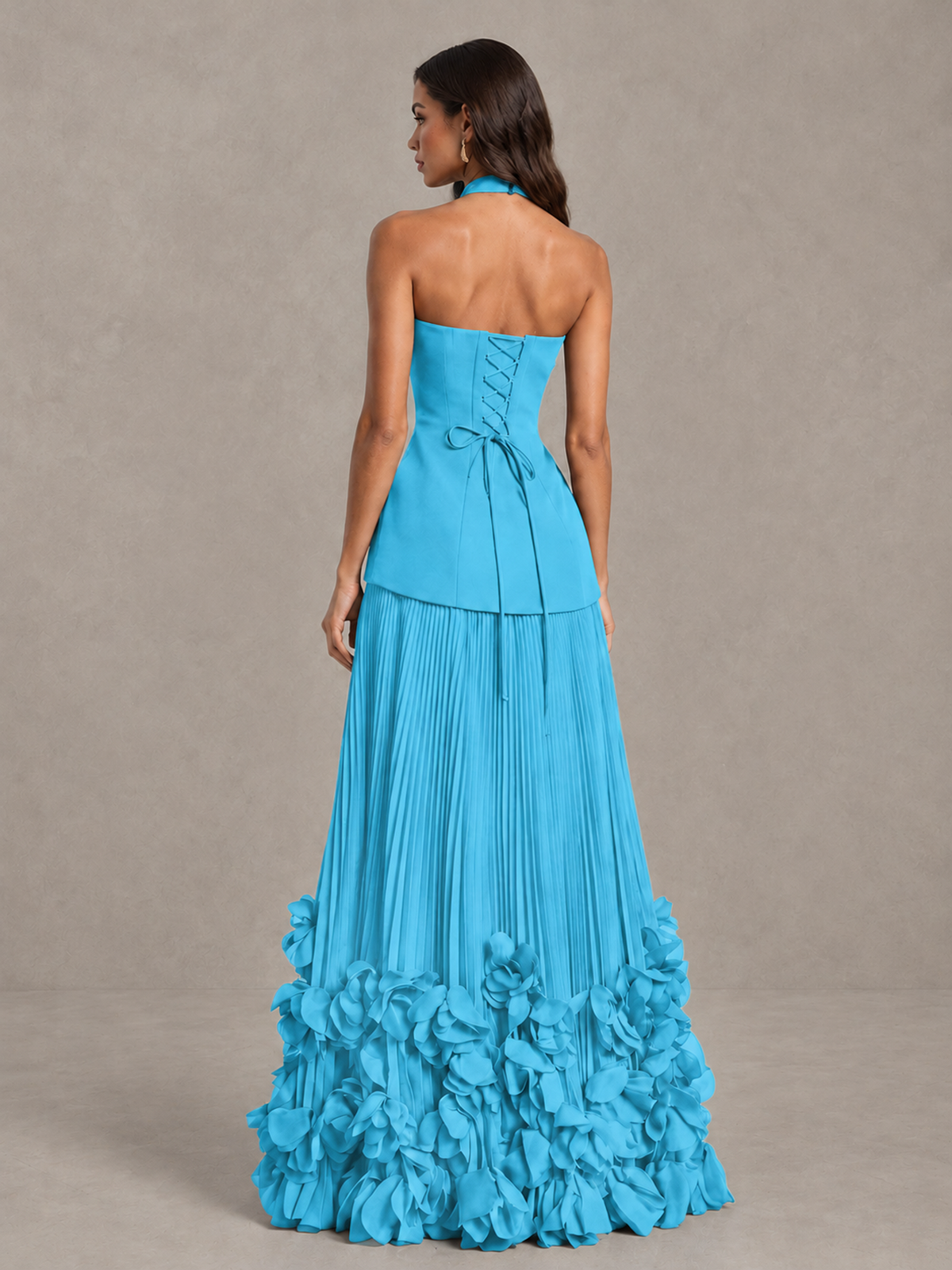 BOLODOO Pool Halter Neck Floor-Length Evening Gown with High Slit & 3D Floral Hem - Pool - Pool (2)