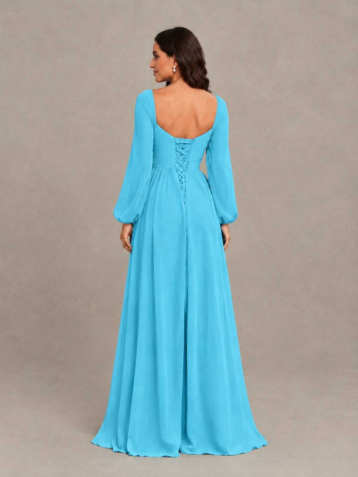 BOLODOO Pool Long Sleeve Chiffon Bridesmaid Dress with Slit - Pool - Pool (2)