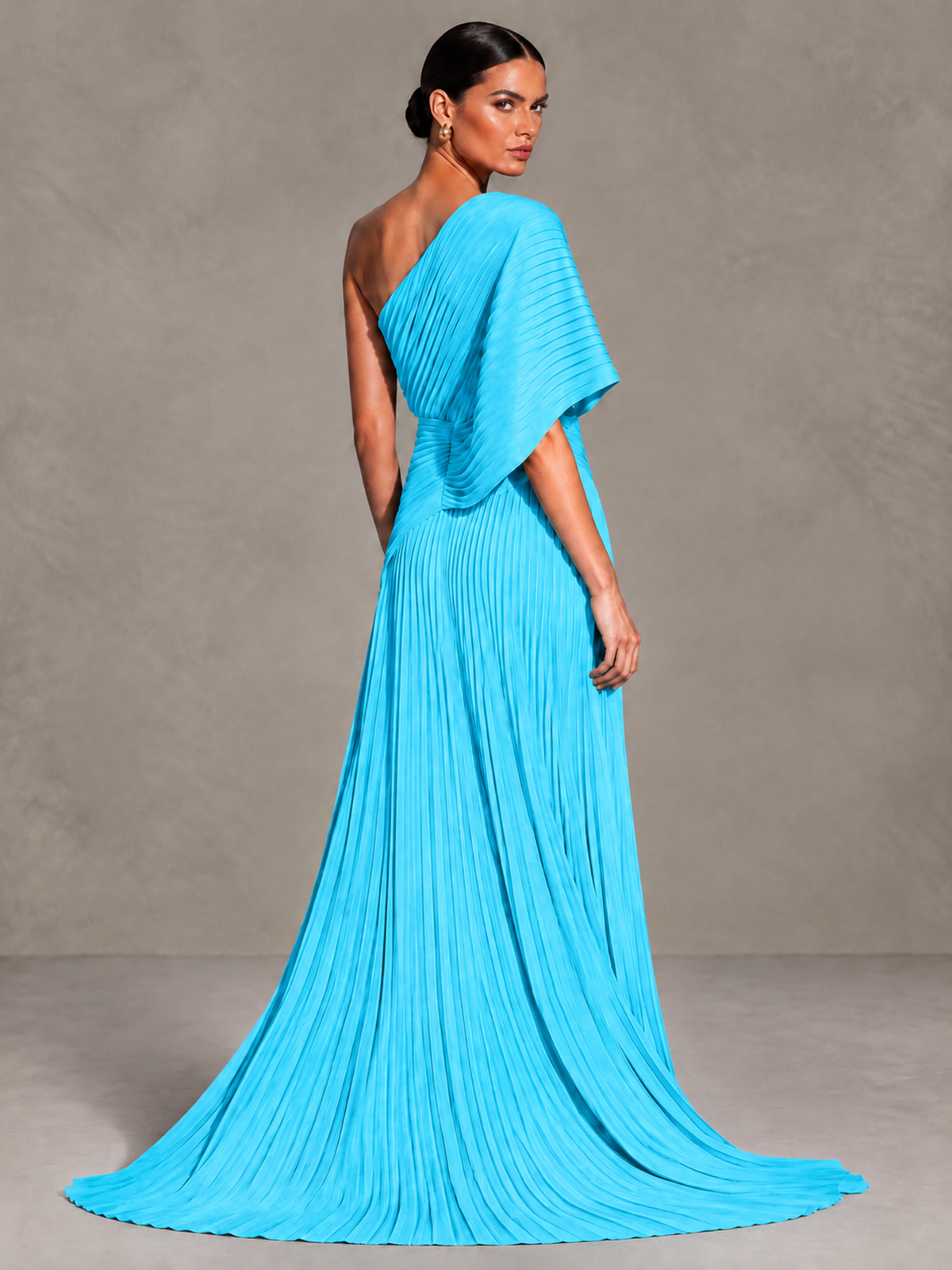 BOLODOO Pool One-Shoulder Pleated Cape Evening Gown with Train - Pool - Pool (2)