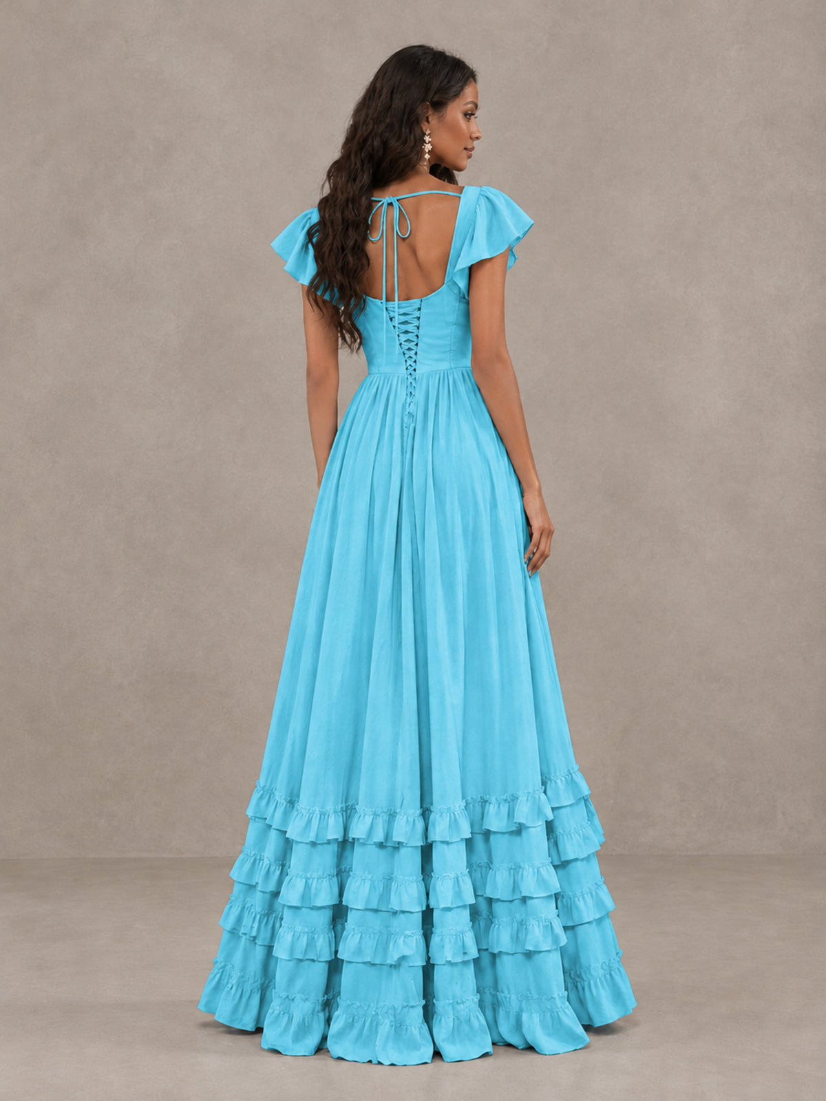 BOLODOO Pool Flutter Sleeve Ruffle Bridesmaid Dress with Slit - Pool - Pool (2)