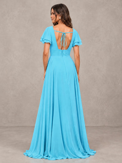 BOLODOO Pool Flutter Sleeve Chiffon A-Line Maxi Bridesmaid Dress with Open Back & Slit - Pool - Pool (2)