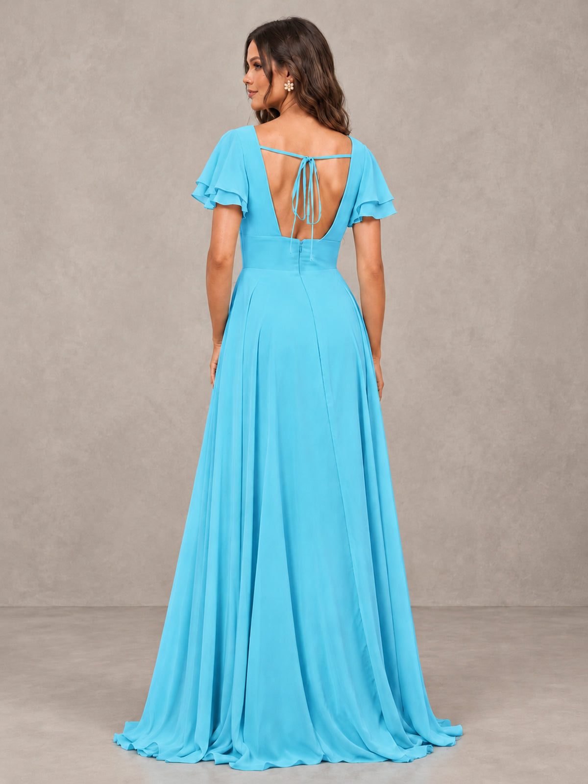 BOLODOO Pool Flutter Sleeve Chiffon A-Line Maxi Bridesmaid Dress with Open Back & Slit - Pool - Pool (2)