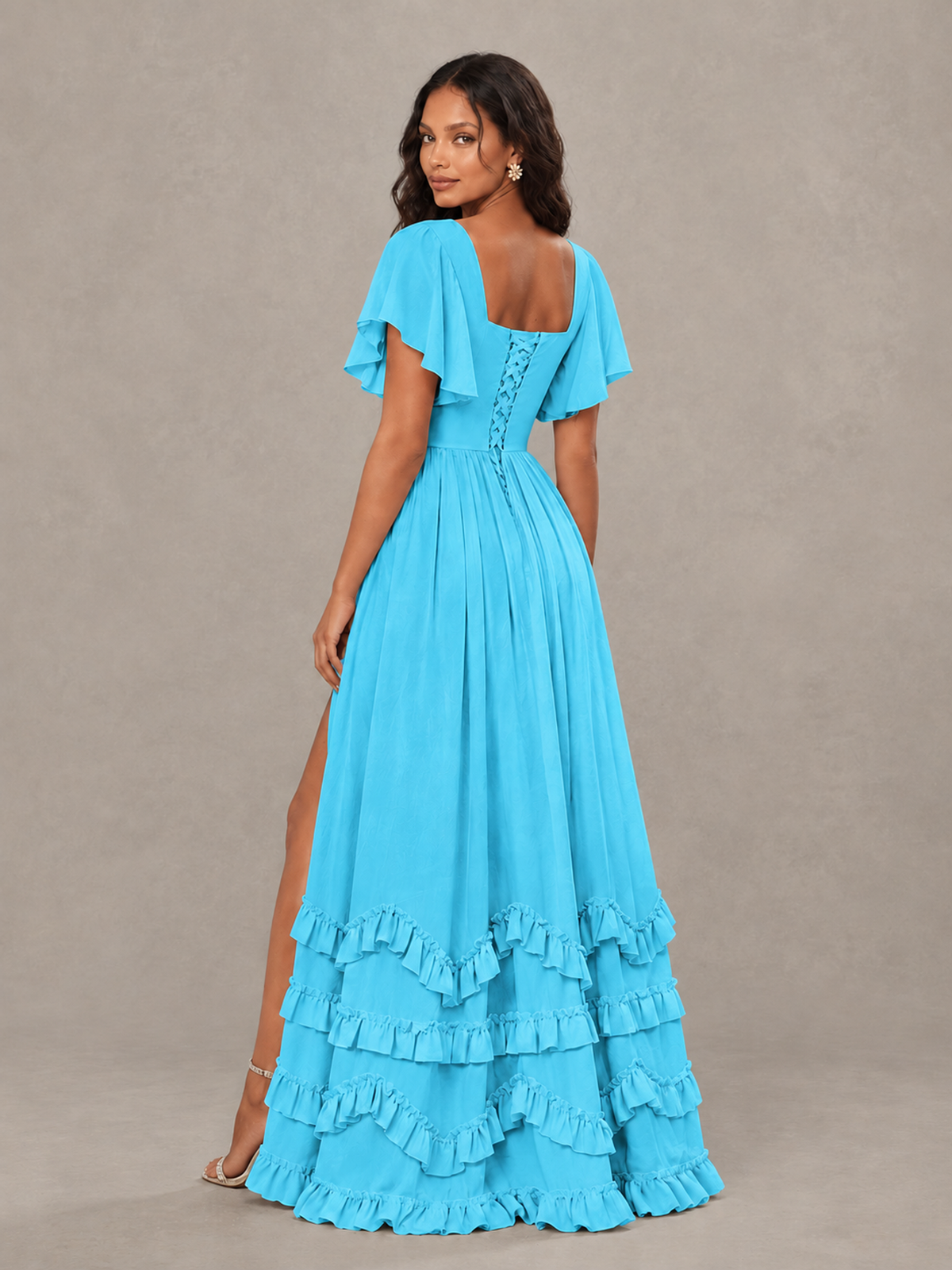 BOLODOO Pool V-Neck Flutter Sleeve Ruffle Bridesmaid Dress with Slit - Pool - Pool (2)