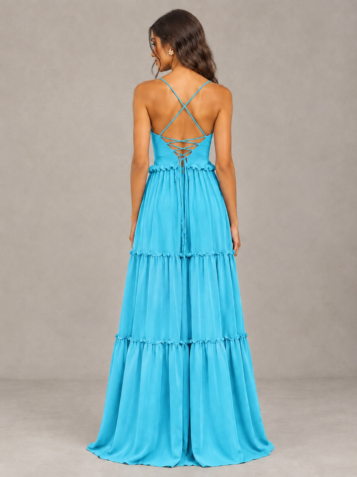 BOLODOO Pool Tiered V-Neck Lace-Up Back Bridesmaid Dress - Pool - Pool (2)