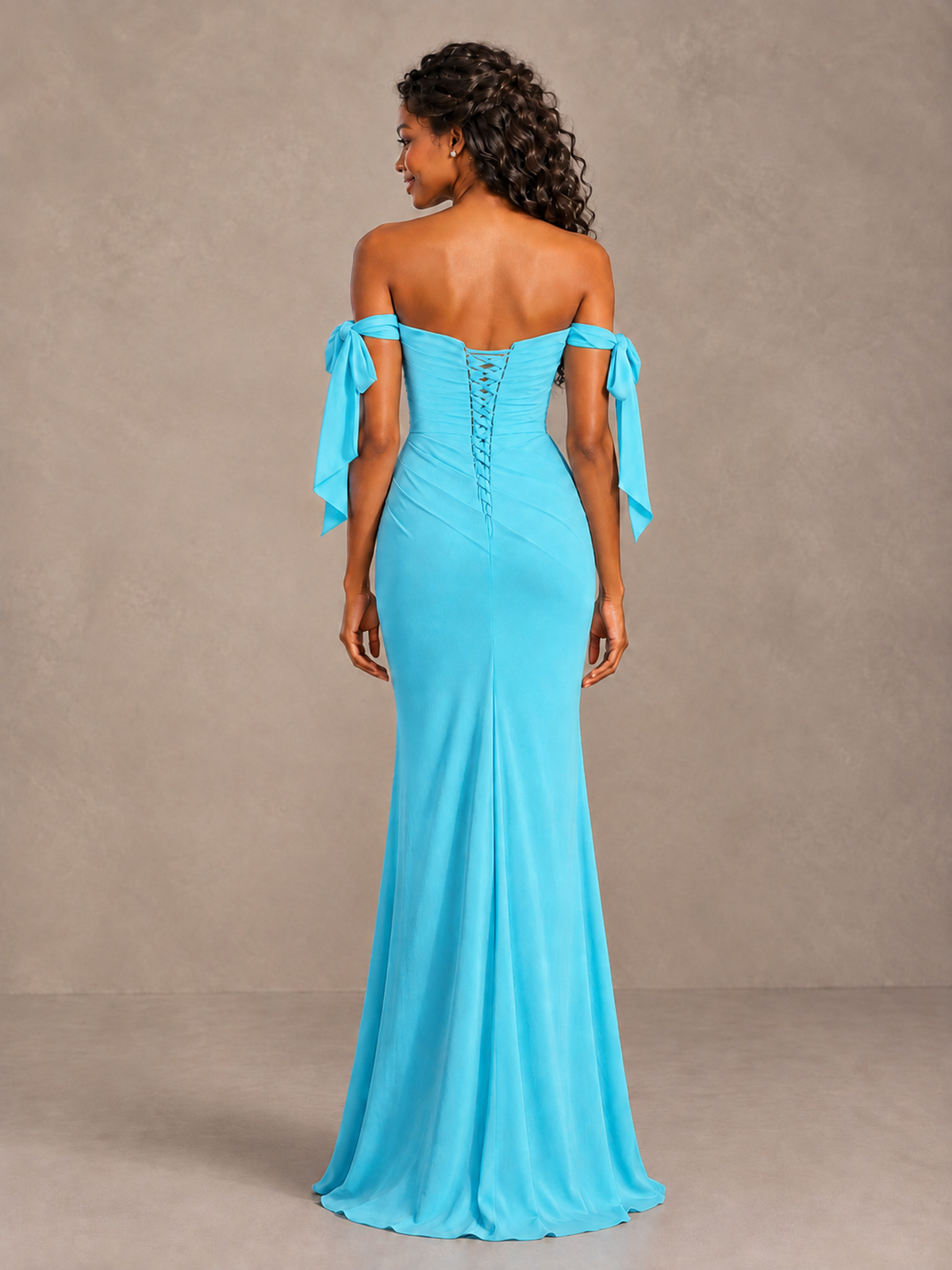 Pool Off-Shoulder Bow Bridesmaid Dress with Slit - Pool - Pool (2)