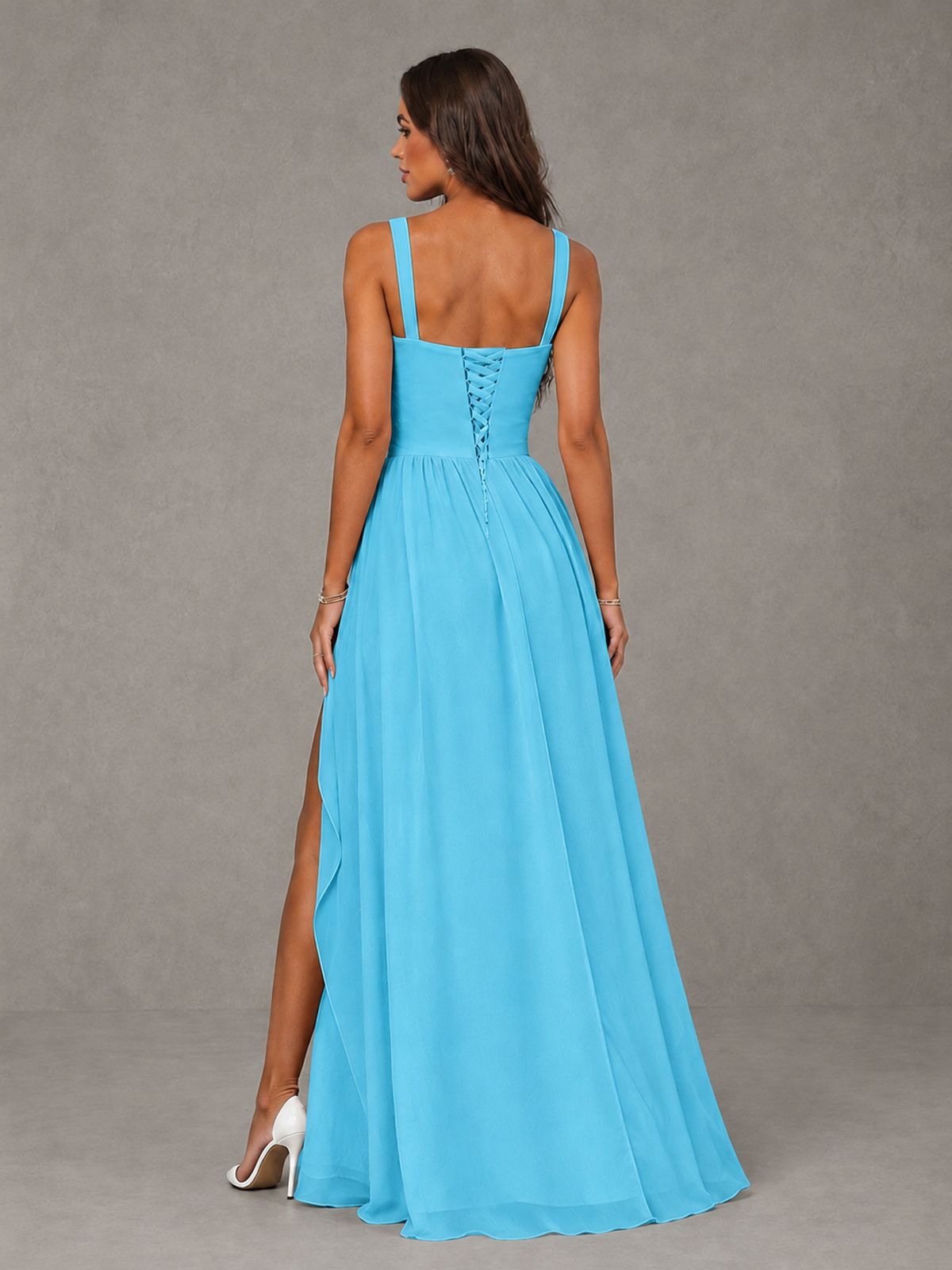 BOLODOO Pool A-Line Bridesmaid Dress with High Slit & Lace-Up Back - Pool - Pool (2)