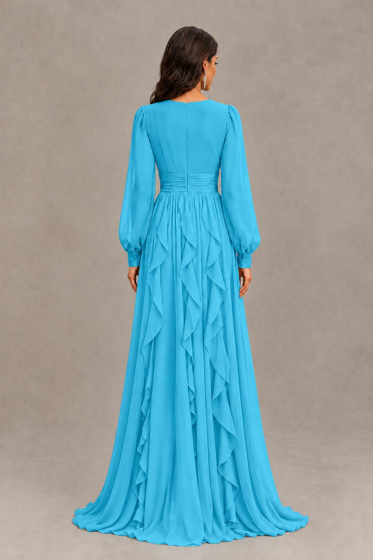 BOLODOO Pool Long Sleeve V-Neck Ruffle Maxi Dress - Pool - Pool (3)