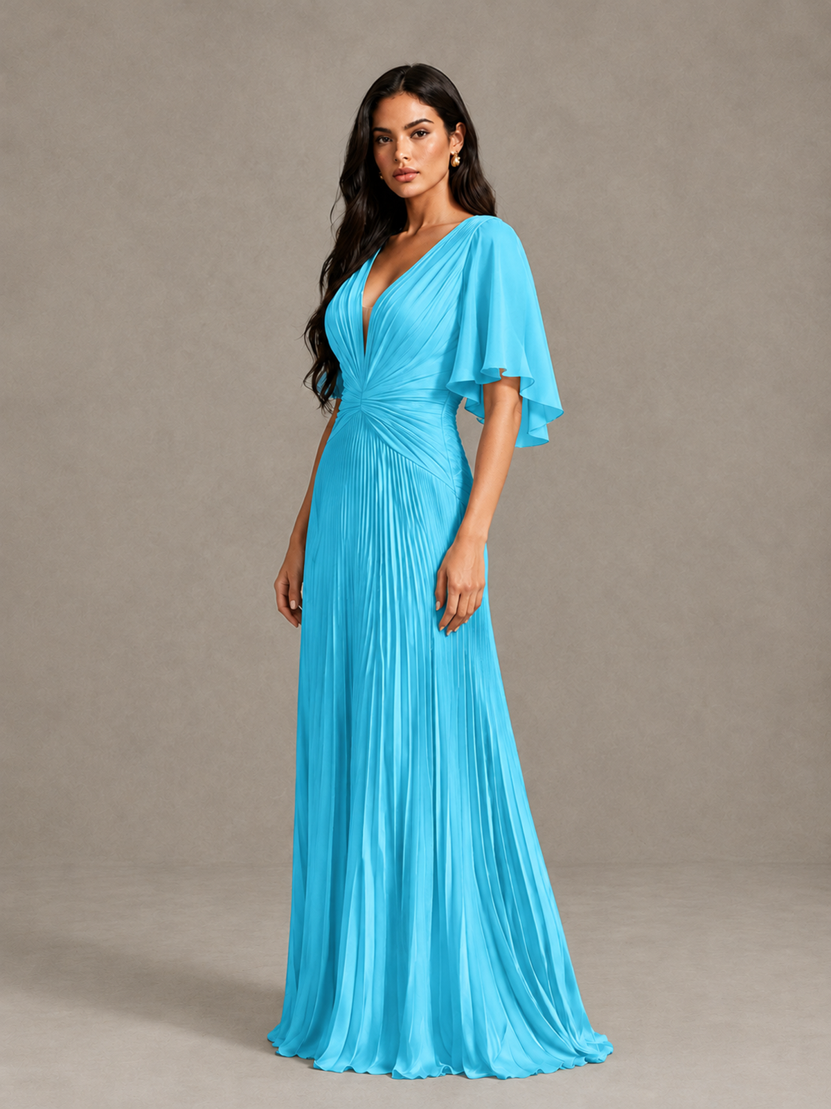 BOLODOO Pool Pleated V-Neck Flutter Sleeve Bridesmaid Dress - Pool - Pool (3)