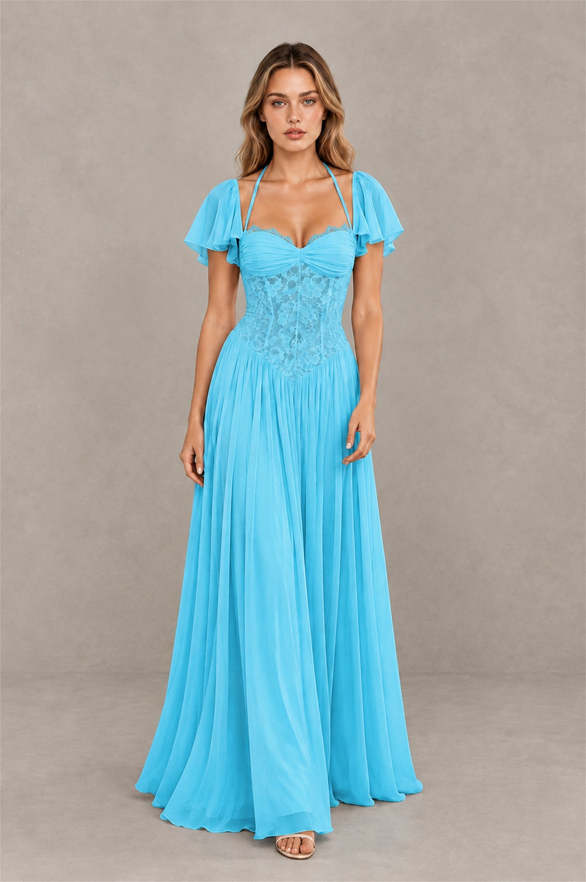BOLODOO Pool Flutter Sleeve Lace Corset A-Line Maxi Dress - Pool - Pool (3)