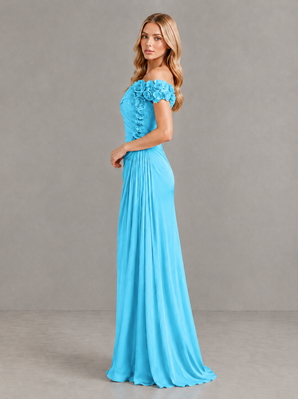 BOLODOO Pool Off-Shoulder Floral Applique Wedding Guest Maxi Dress - Pool - Pool (3)