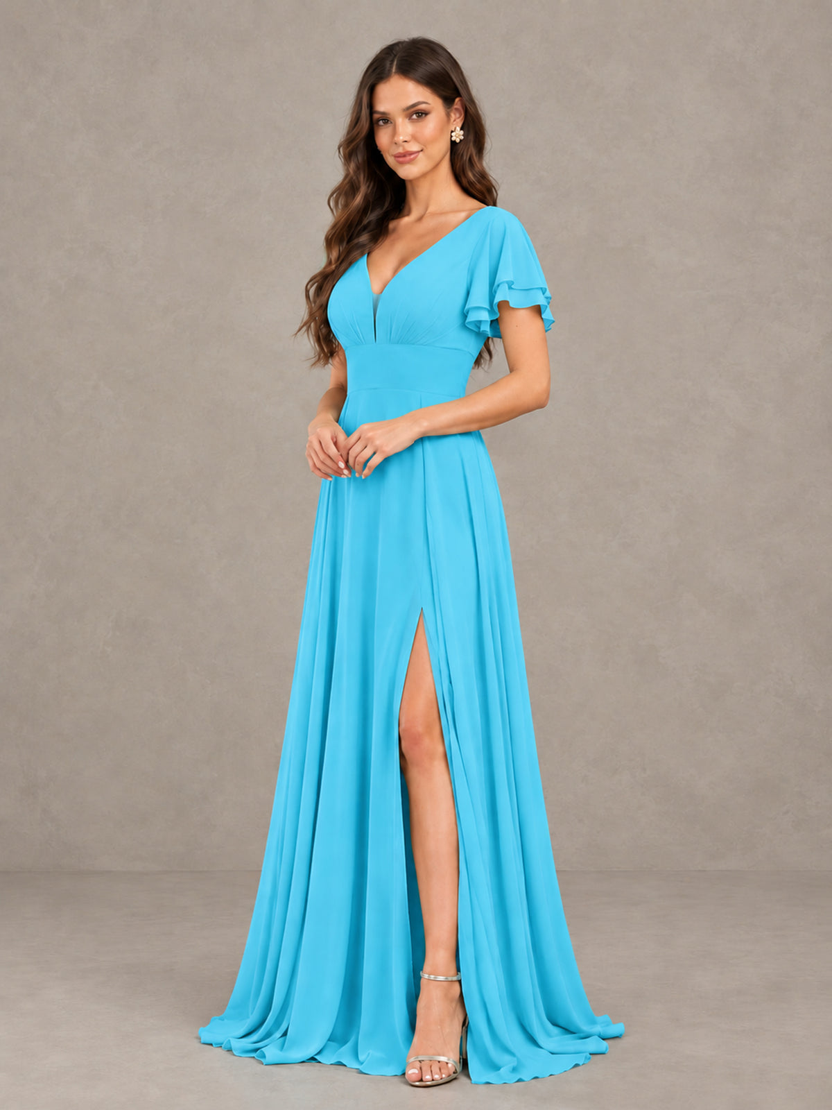 BOLODOO Pool Flutter Sleeve Chiffon A-Line Maxi Bridesmaid Dress with Open Back & Slit - Pool - Pool (3)