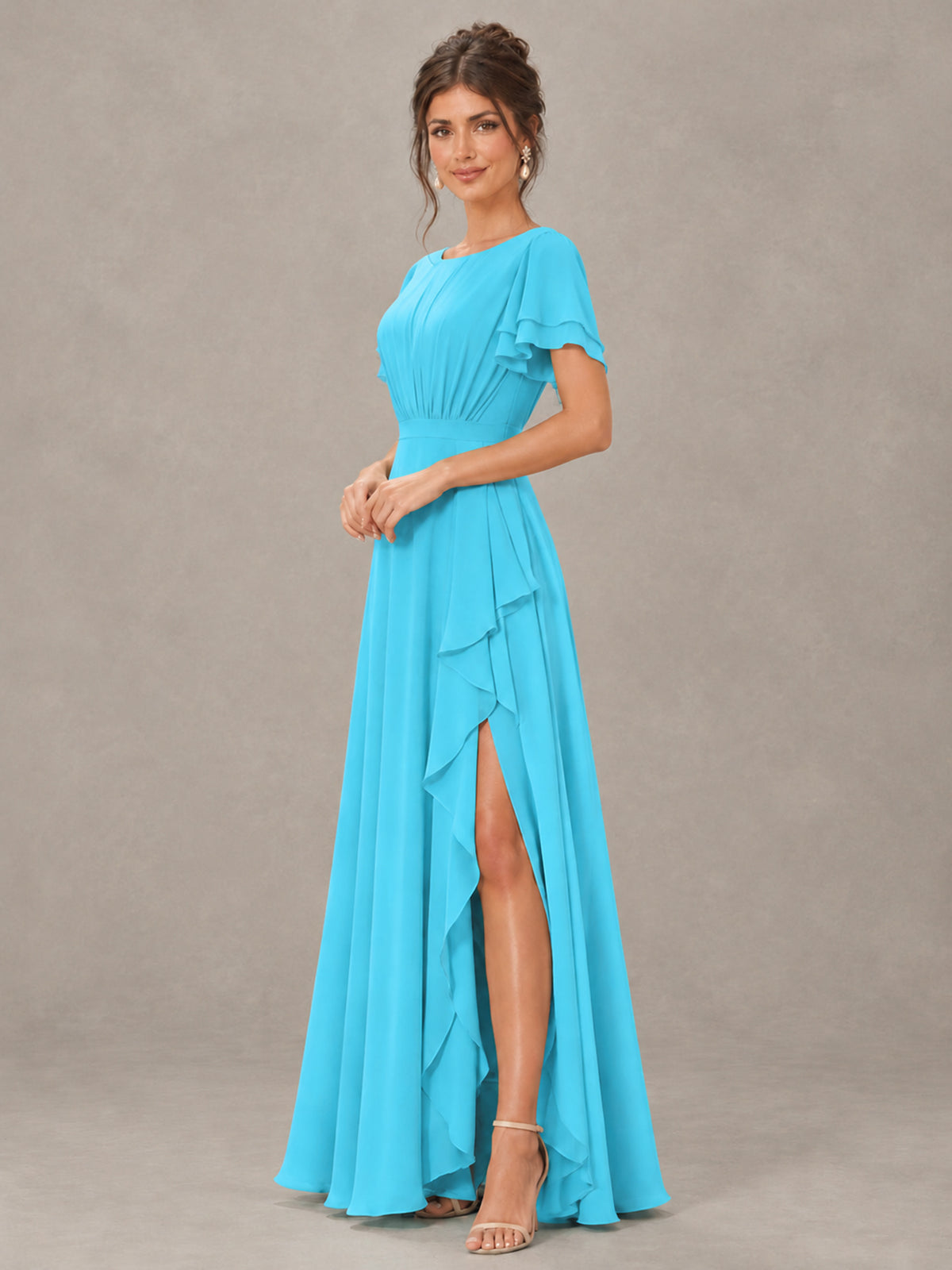 BOLODOO Pool Flutter Sleeve Ruffle Bridesmaid Dress with Slit - Pool - Pool (3)