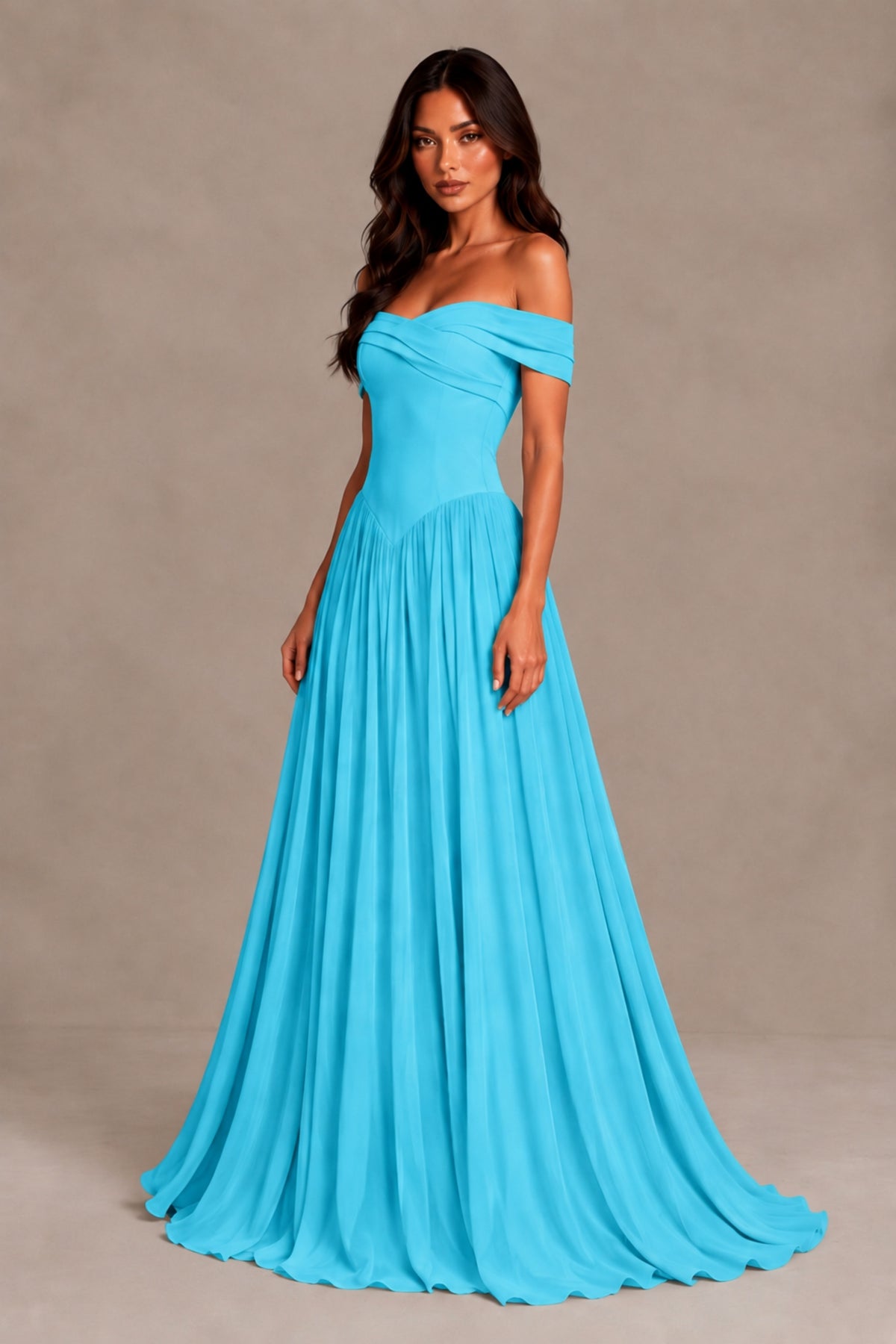 BOLODOO Pool Off-Shoulder Sweetheart Corset Pleated Chiffon Maxi Dress - Pool - Pool (3)