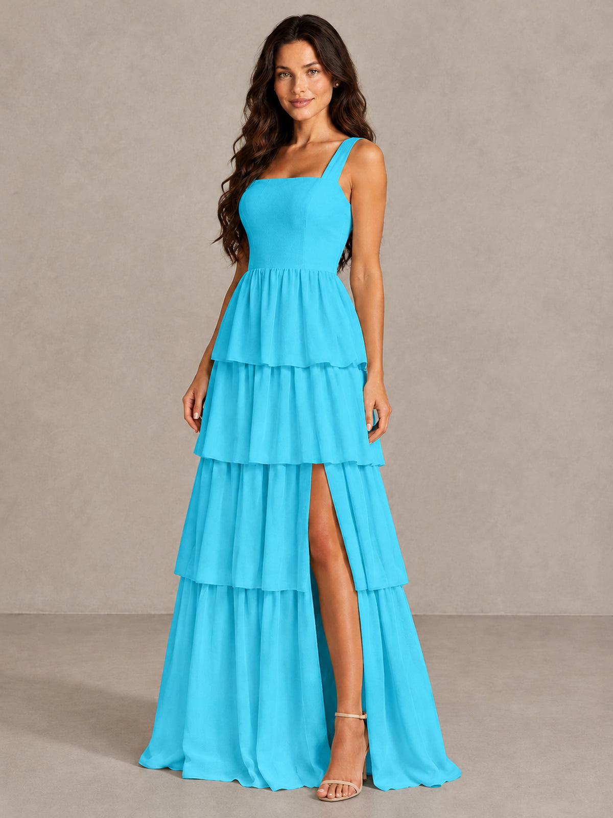 BOLODOO Pool Square Neck Tiered Bridesmaid Dress with Slit - Pool - Pool (3)