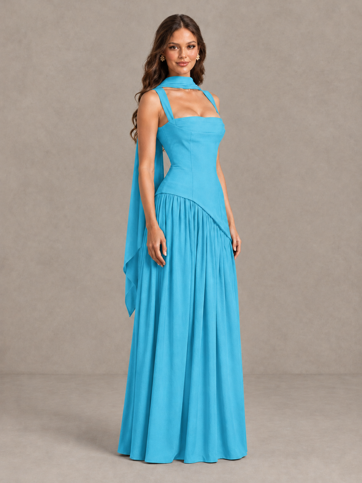 BOLODOO Pool Brown Scarf Bridesmaid Dress with Lace-Up Back - Pool - Pool (3)