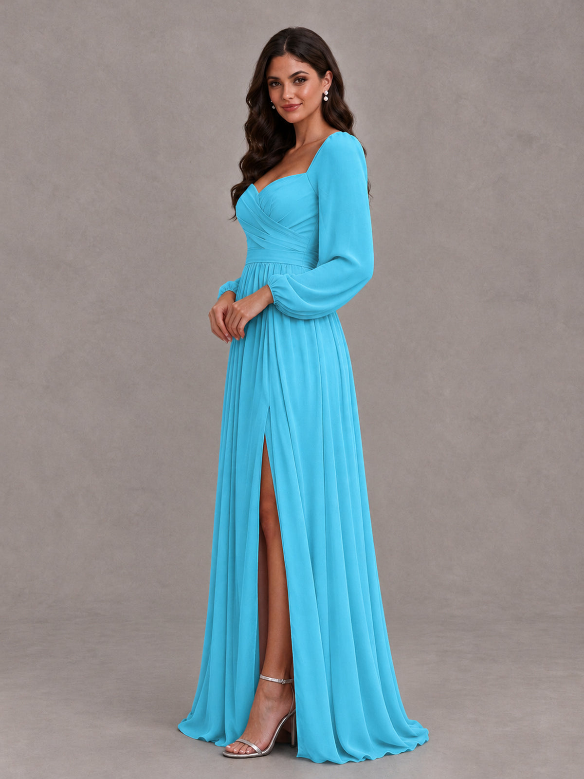 BOLODOO Pool Long Sleeve Chiffon Bridesmaid Dress with Slit - Pool - Pool (3)