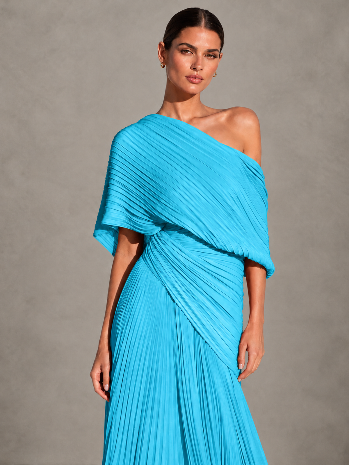 BOLODOO Pool One-Shoulder Pleated Cape Evening Gown with Train - Pool - Pool (3)