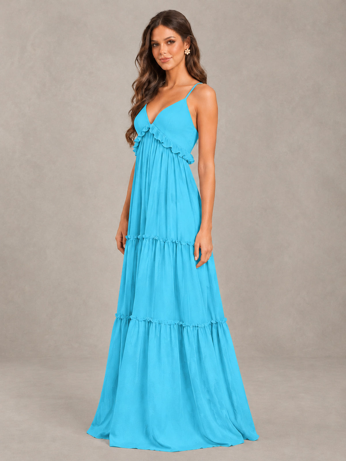 BOLODOO Pool Tiered V-Neck Lace-Up Back Bridesmaid Dress - Pool - Pool (3)