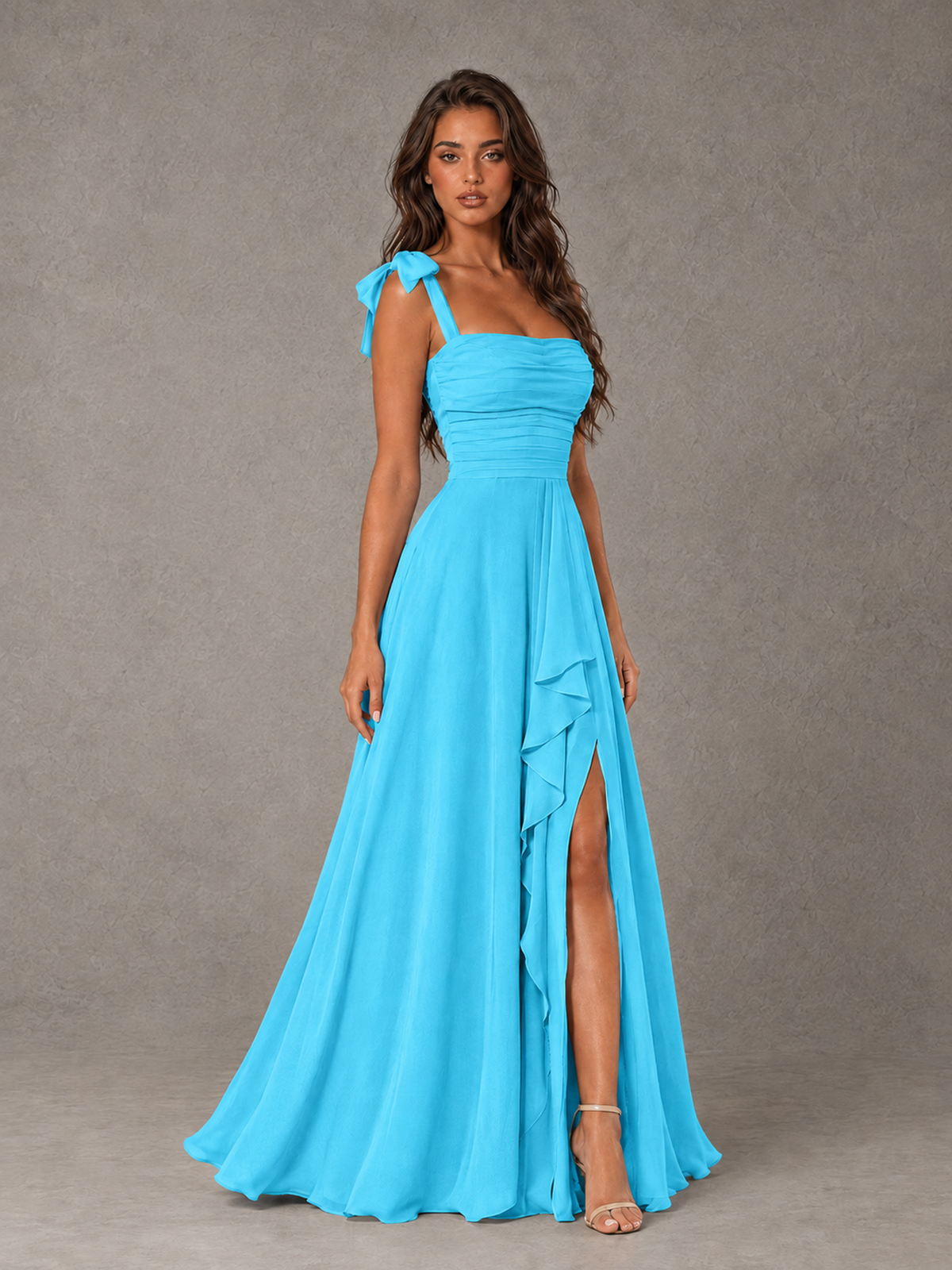 BOLODOO Pool Bow-Strap Bridesmaid Dress with Ruffle Slit - Pool - Pool (3)