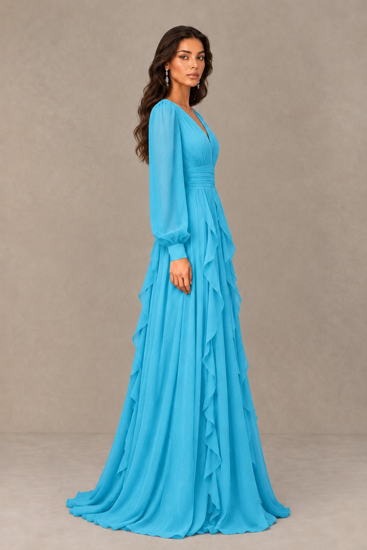 BOLODOO Pool Long Sleeve V-Neck Ruffle Maxi Dress - Pool - Pool (4)