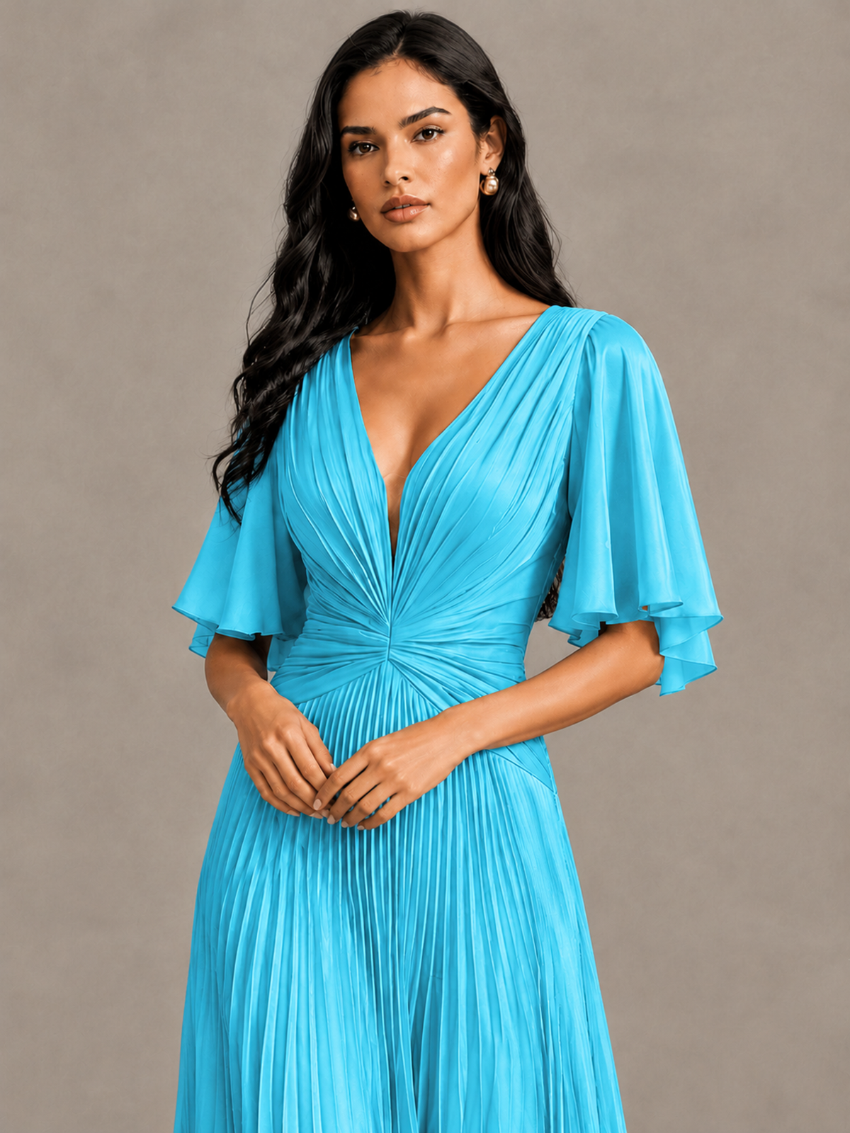 BOLODOO Pool Pleated V-Neck Flutter Sleeve Bridesmaid Dress - Pool - Pool (4)