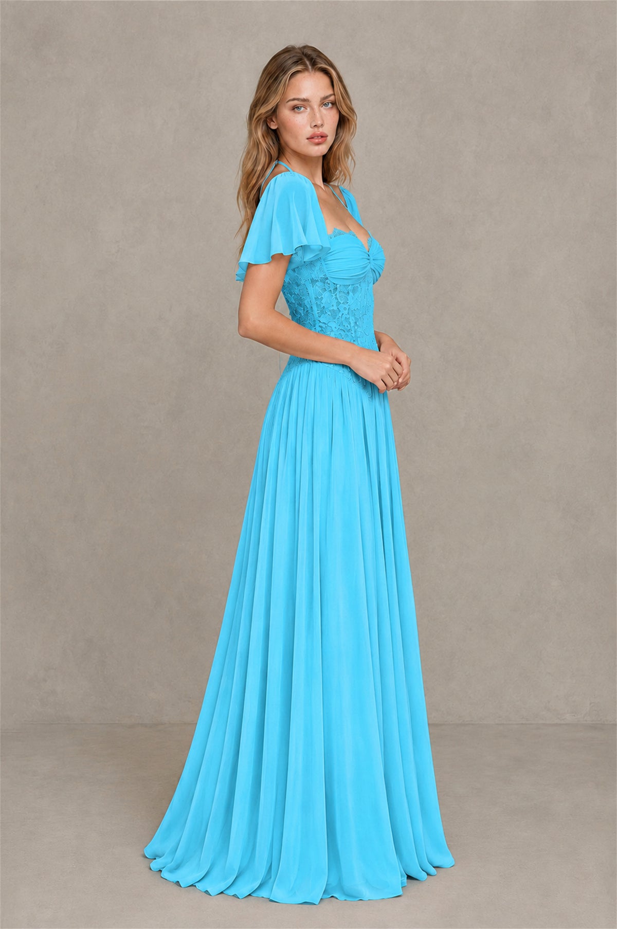 BOLODOO Pool Flutter Sleeve Lace Corset A-Line Maxi Dress - Pool - Pool (4)