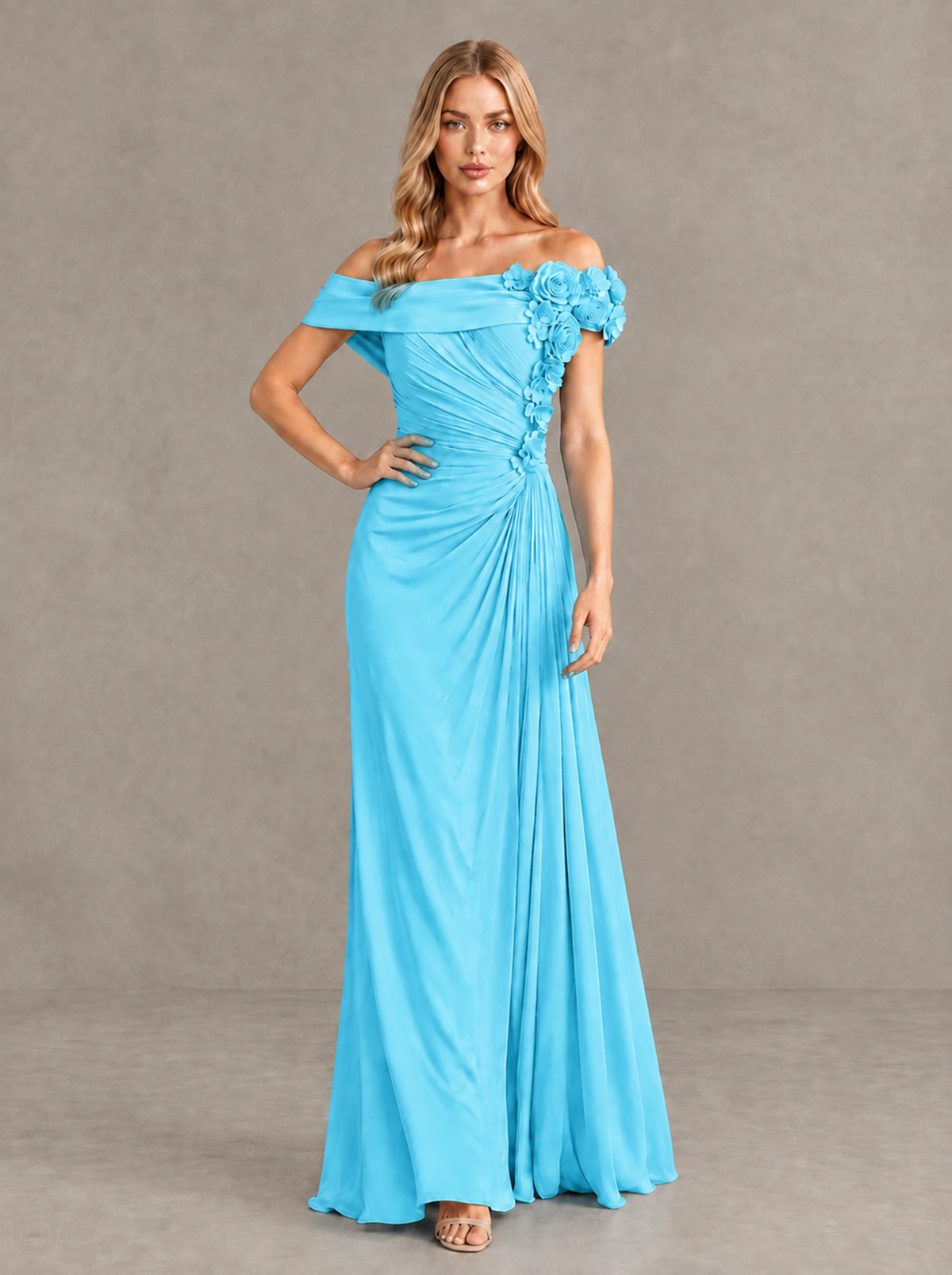 BOLODOO Pool Off-Shoulder Floral Applique Wedding Guest Maxi Dress - Pool - Pool (4)