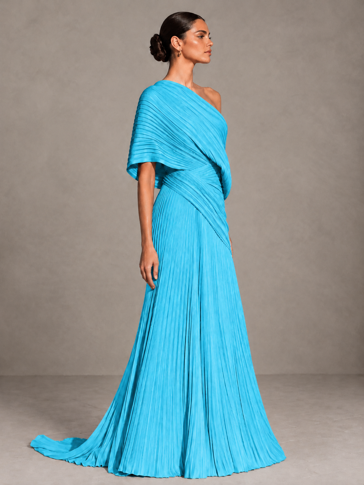 BOLODOO Pool One-Shoulder Pleated Cape Evening Gown with Train - Pool - Pool (4)