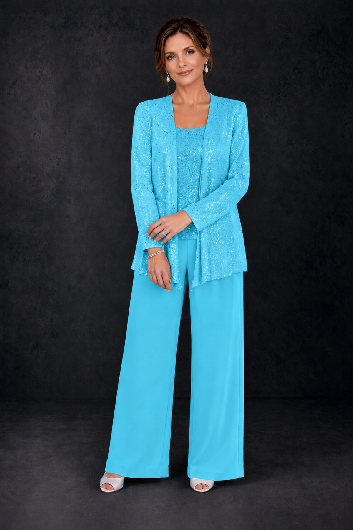 BOLODOO Pool Sequin Lace 3-Piece Pant Suit with Long Sleeve Jacket - Pool - Pool (4)