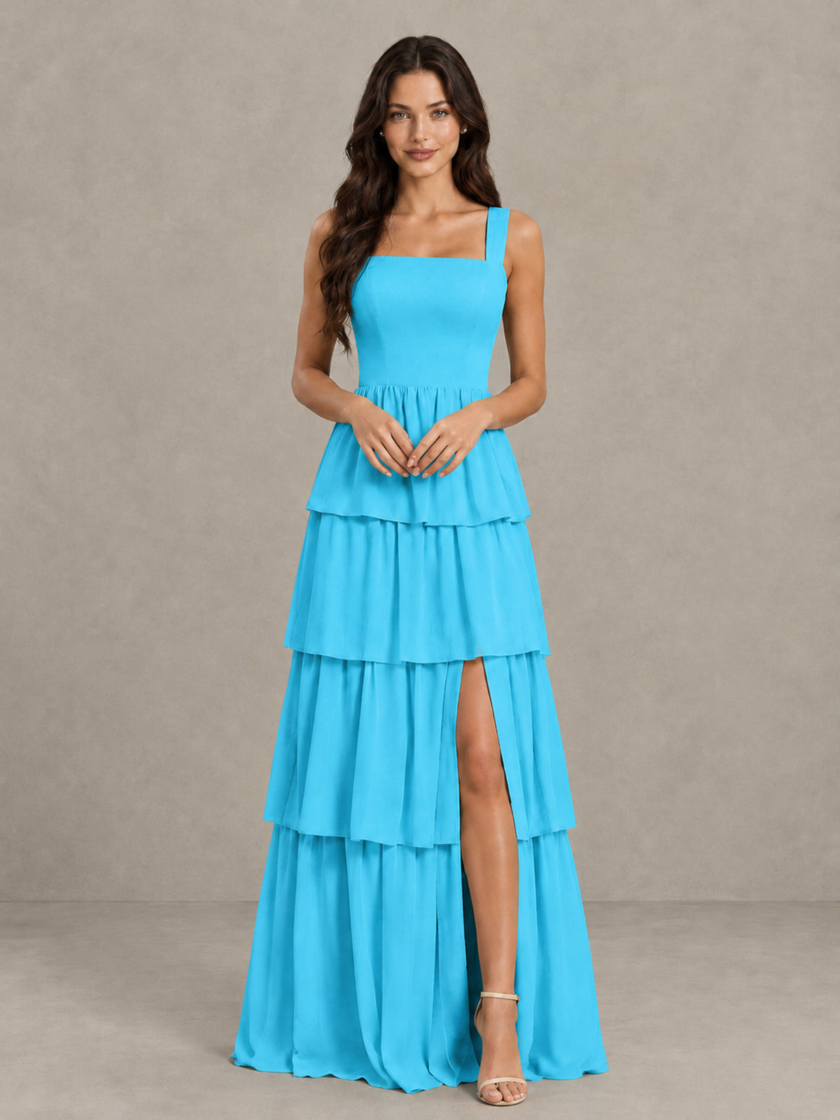 BOLODOO Pool Square Neck Tiered Bridesmaid Dress with Slit - Pool - Pool (4)